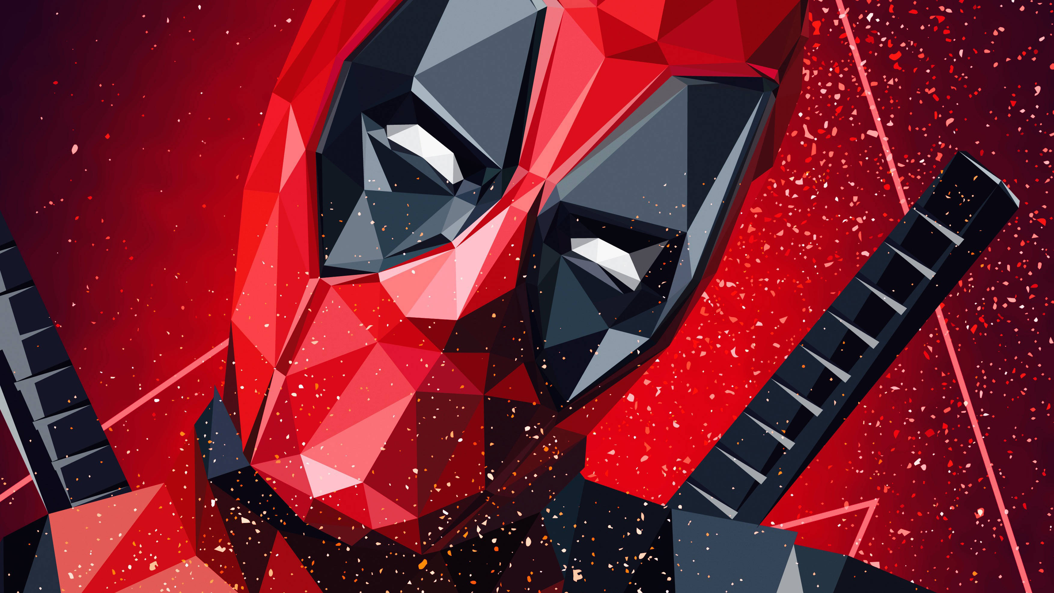 4K deadpool 桌布 壁紙 — 一個風格化的低多邊形死侍，帶有紅色和黑色的幾何臉孔，在斑點紅色背景前手持兩把武士刀。