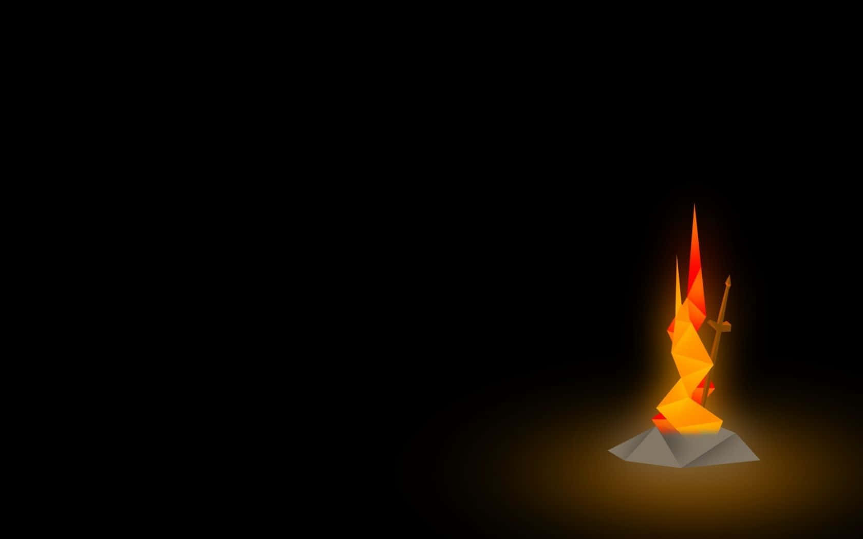 Dark Souls Bonfire 桌布 壁紙 — 一個風格化的低多邊形火焰，帶有溫暖的橙色和紅色面，在黑色背景上發光。