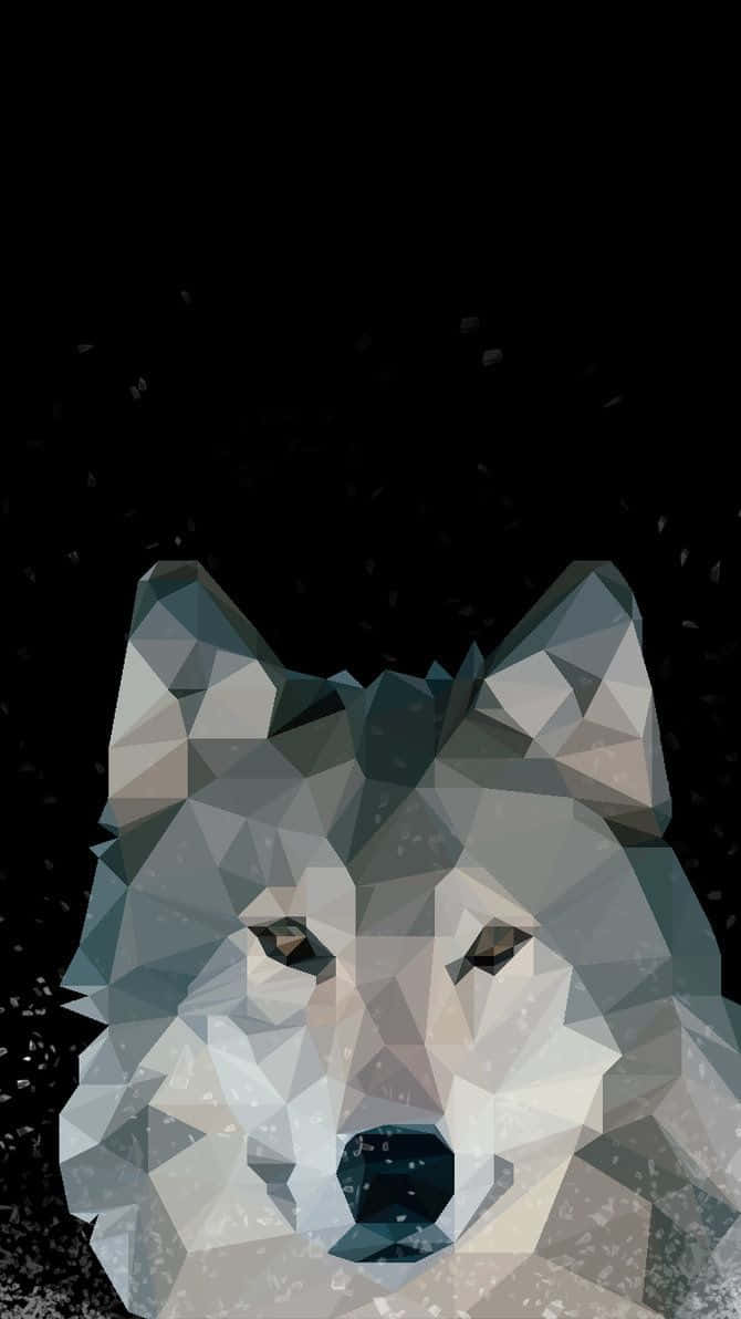 Wolf iPhone 桌布 壁紙 — 一個風格化的低多邊形狼頭，帶有幾何面，在漆黑的背景上向前凝視，雪花飄落。