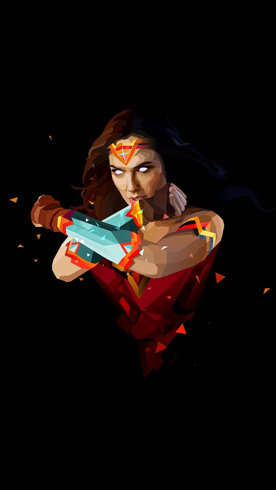 Wonder Woman 桌布 壁紙 — 一個風格化的低多邊形神力女超人，身穿紅色和金色盔甲，在黑色背景上手持真理套索，周圍有發光的橙色碎片。