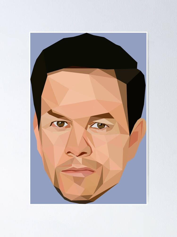 Mark Wahlberg 桌布 壁紙 — 一個風格化的低多邊形肖像，描繪一位黑髮棕眼的男士，背景為柔和的藍色。