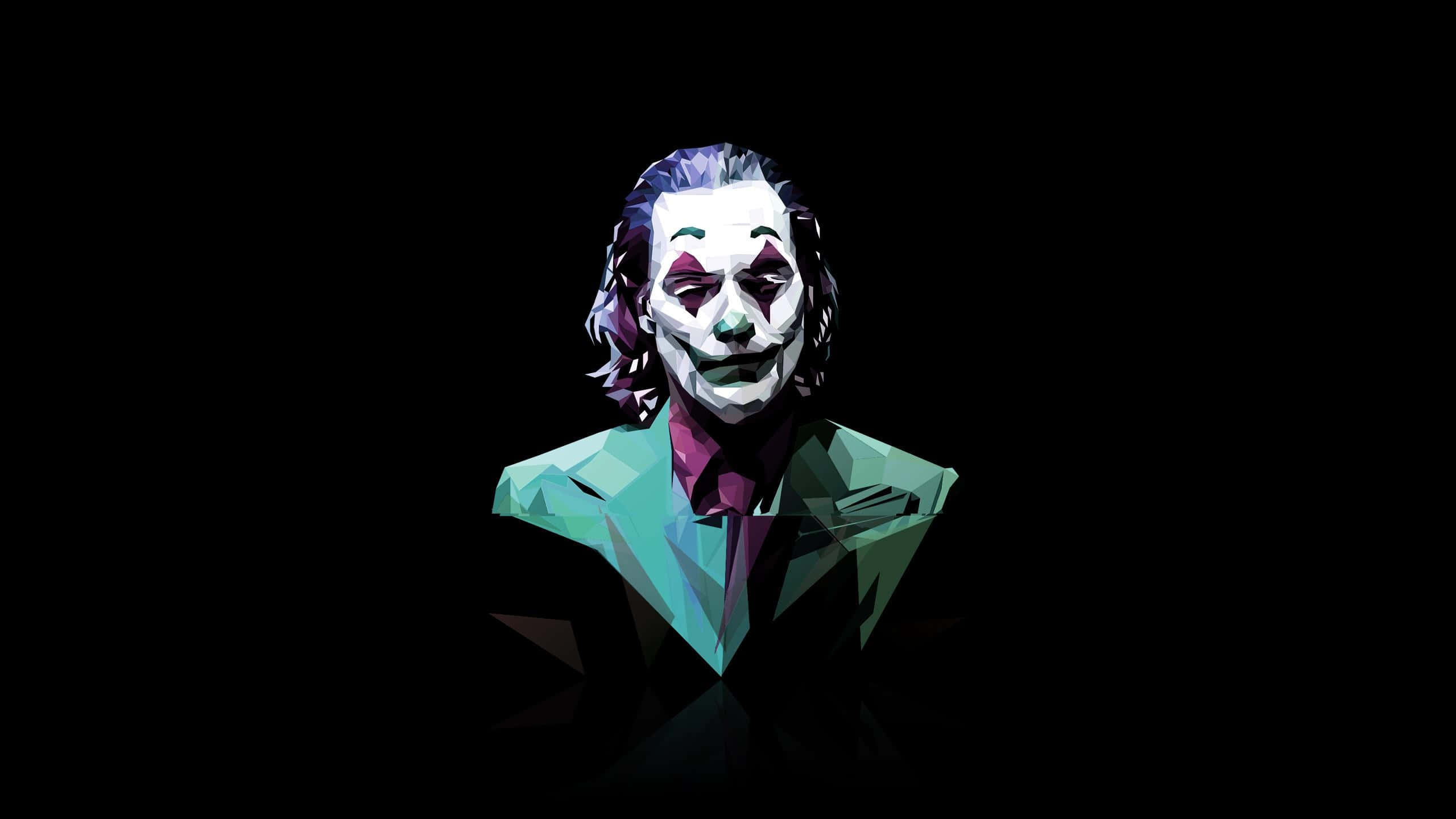 蝙蝠俠 桌布 壁紙 — 一個風格化的低多邊形肖像，描繪小丑，白色臉龐、紫色嘴唇和綠色西裝，背景為黑色。