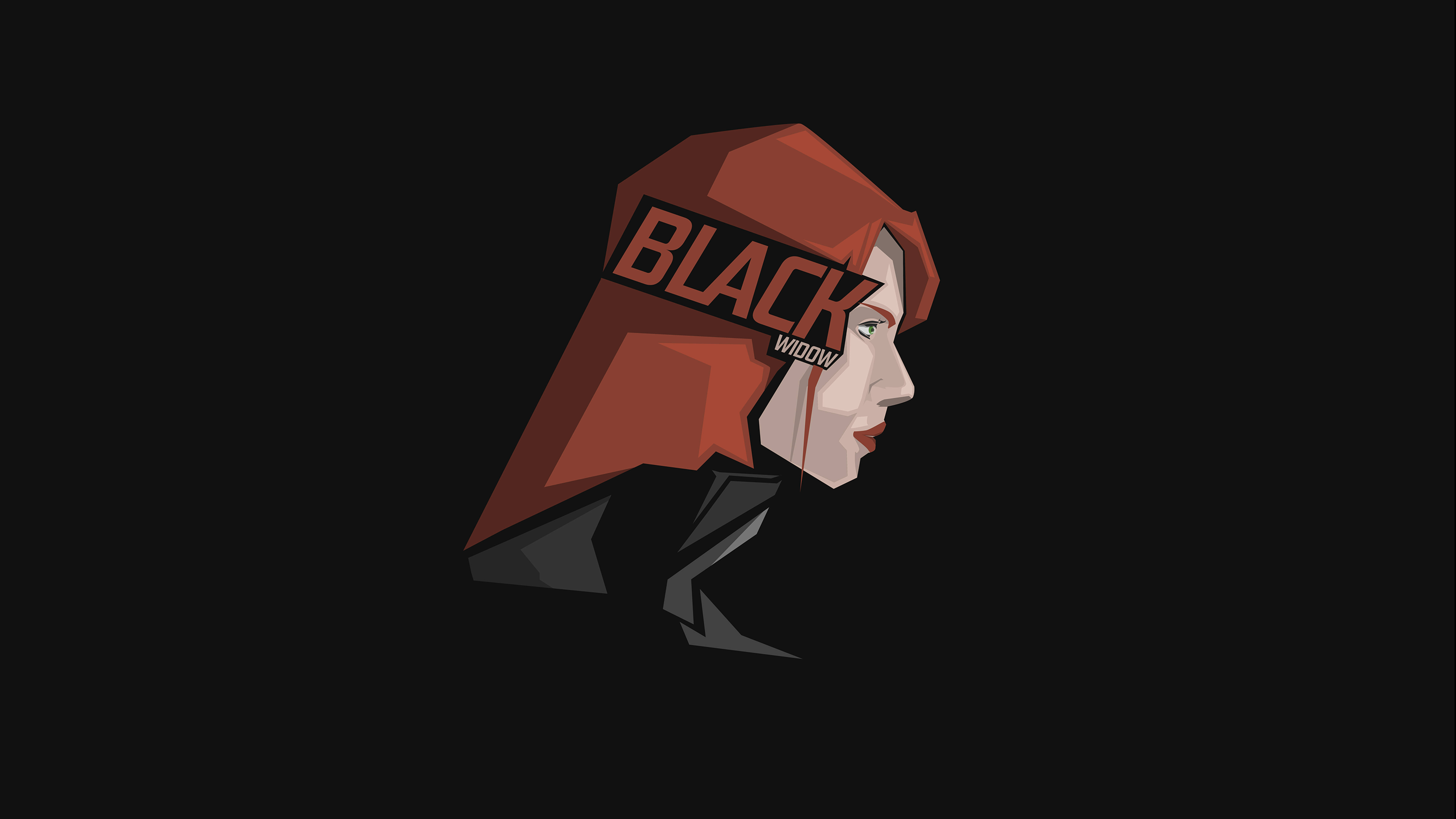 Black Widow 桌布 壁紙 — 一個風格化的低多邊形肖像，黑寡婦側面輪廓，黑色背景，她的名字以粗體紅色文字顯示。