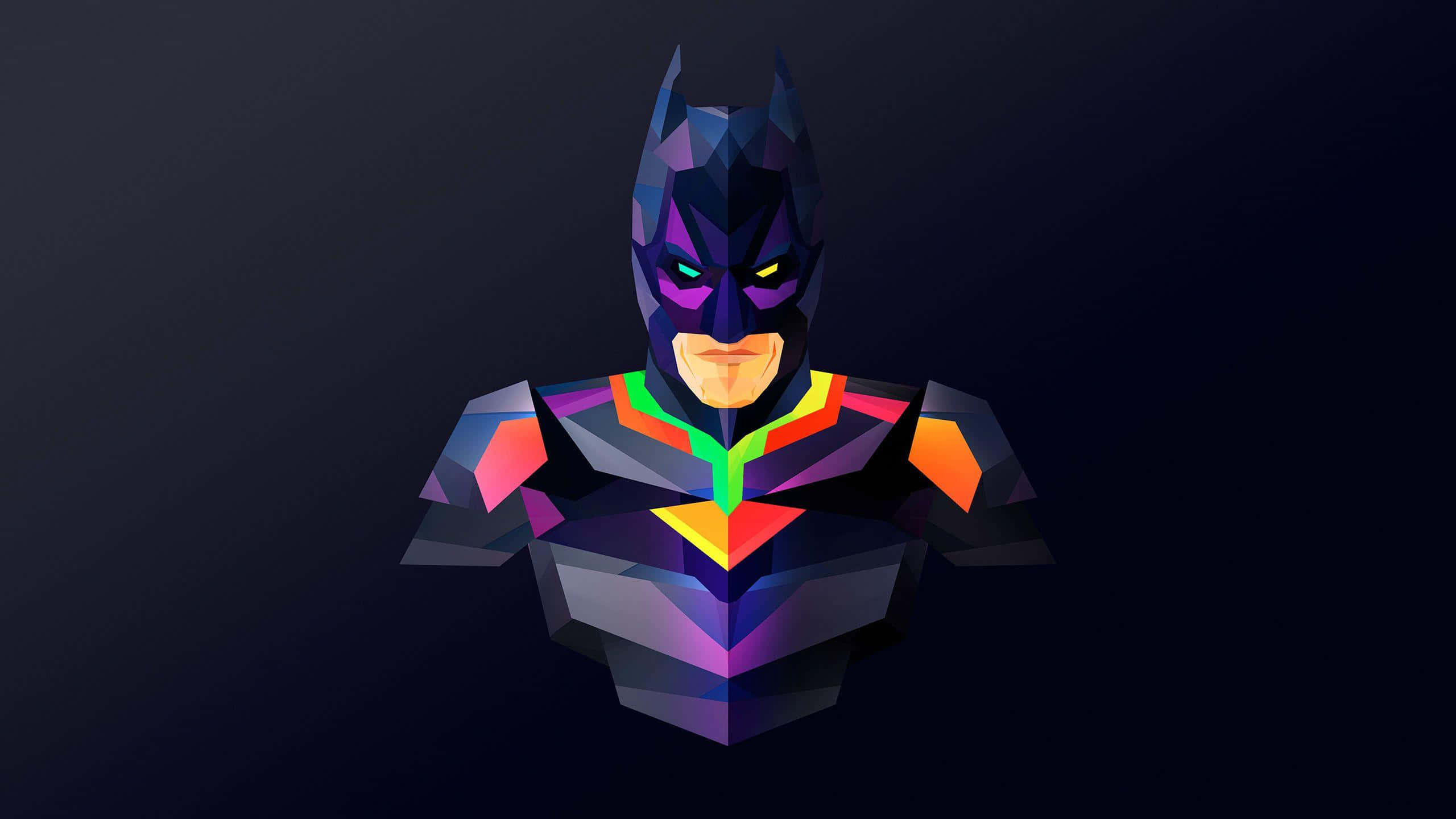 Cartoon Heroes 桌布 壁紙 — 一個風格化的低多邊形蝙蝠俠半身像，帶有發光的黃色眼睛和鮮豔的彩虹色調，背景為深色。