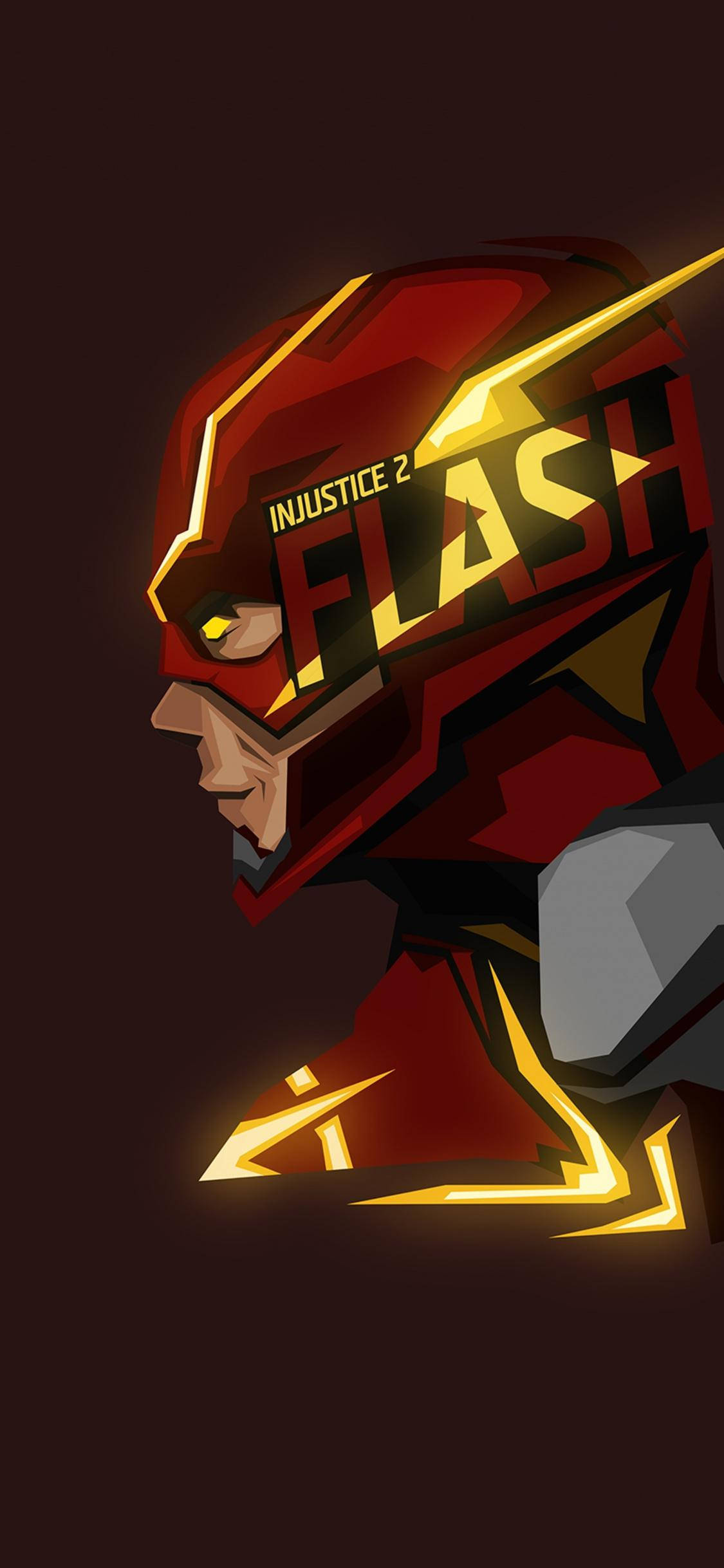 the flash iPhone 桌布 壁紙 — 一個風格化的低多邊形超級英雄肖像，來自《不義聯盟2》的閃電俠，在黑暗背景上散發著黃色閃電 accents。