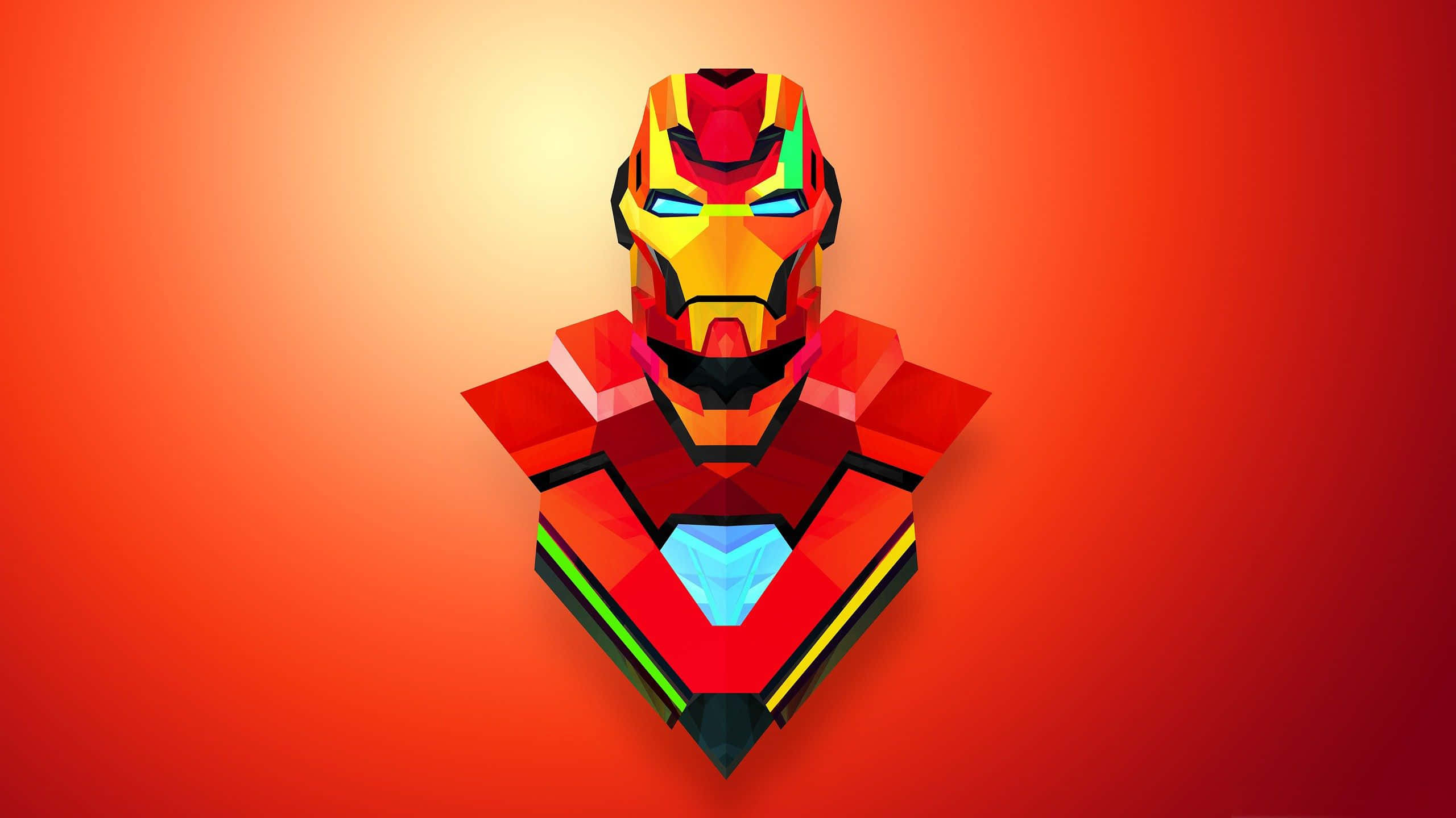 Cartoon Heroes 桌布 壁紙 — 一個風格化的低多邊形鋼鐵人半身像，帶有發光的藍色眼睛和弧形反應器，背景為漸層橙紅色。