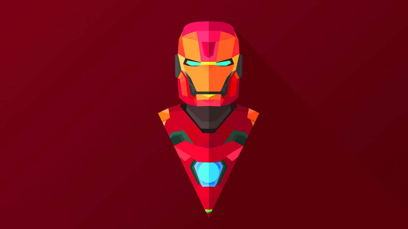 1366x768 Iron Man 桌布 壁紙 — 一個風格化的低多邊形鋼鐵人半身像，帶有發光的眼睛和胸部弧形反應器，背景為深紅色漸變。