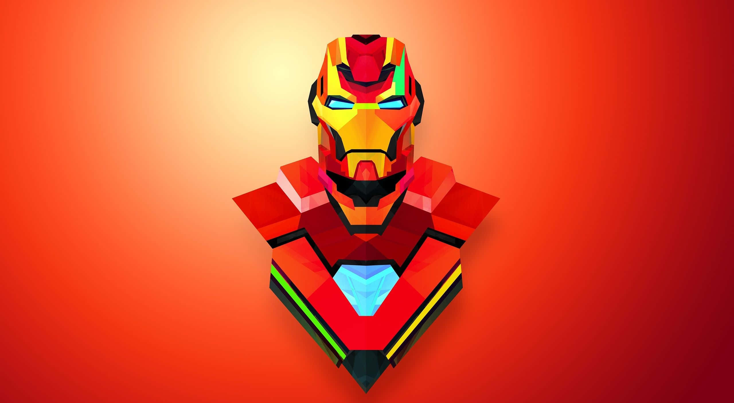 Best Iron Man 桌布 壁紙 — 一個風格化的低多邊形鋼鐵人半身像，帶有發光的眼睛和弧形反應器，背景為漸變橙紅色。