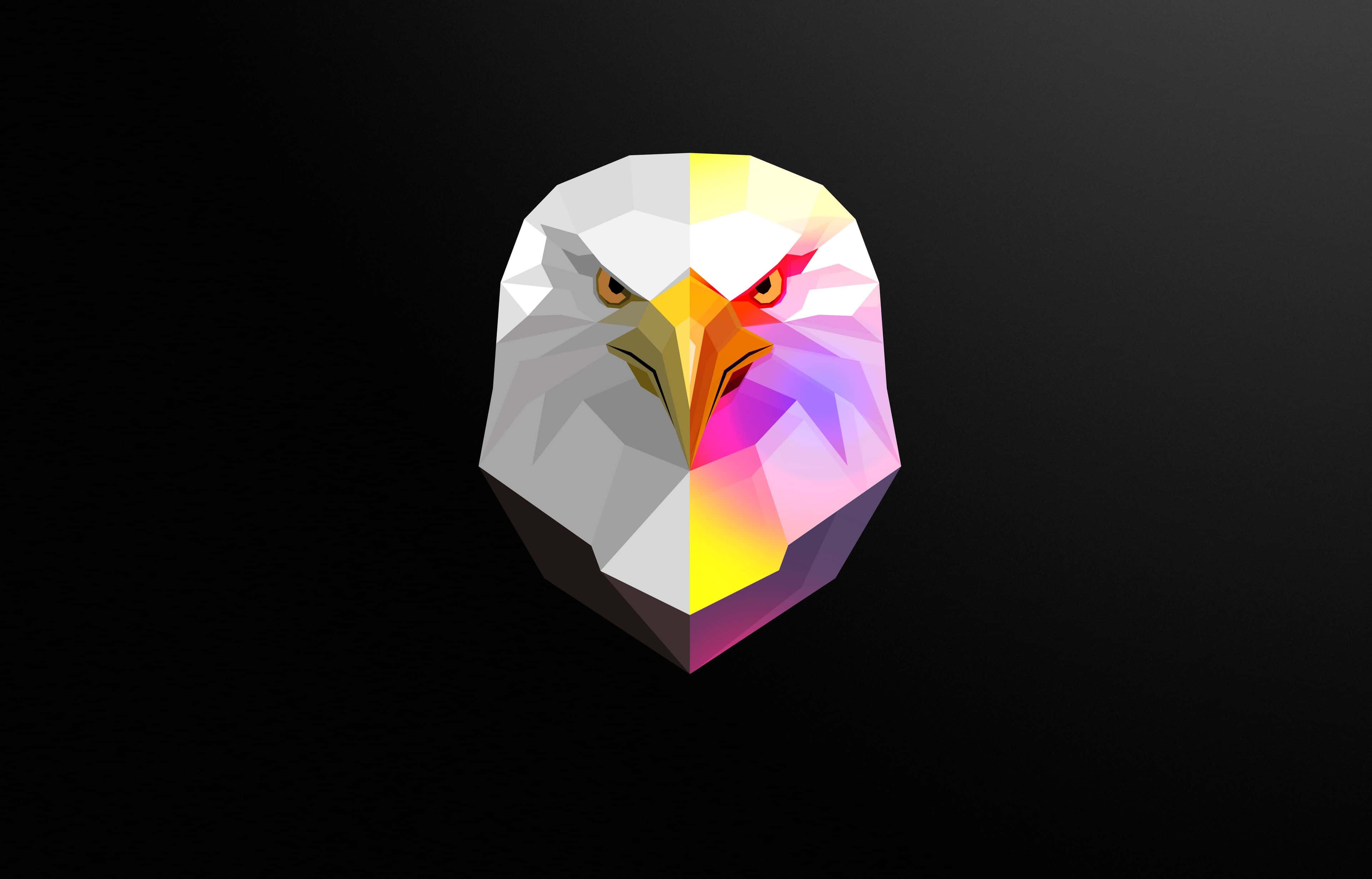 Polygon 桌布 壁紙 — 一個風格化的低多邊形鷹頭，帶有鮮豔的彩虹色調，背景為深色漸變。
