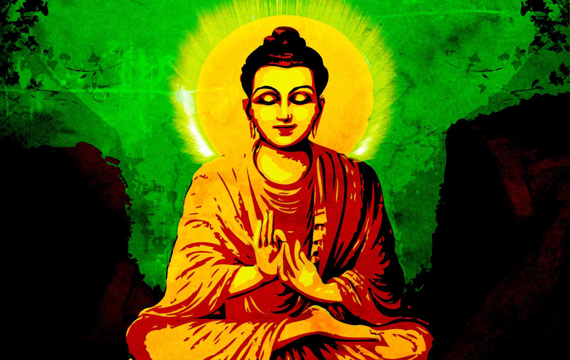 Gautama Buddha 桌布 壁紙 — 一個風格化的佛像雙手合十靜靜冥想，在充滿活力的綠色背景和深色剪影樹木襯托下發光。