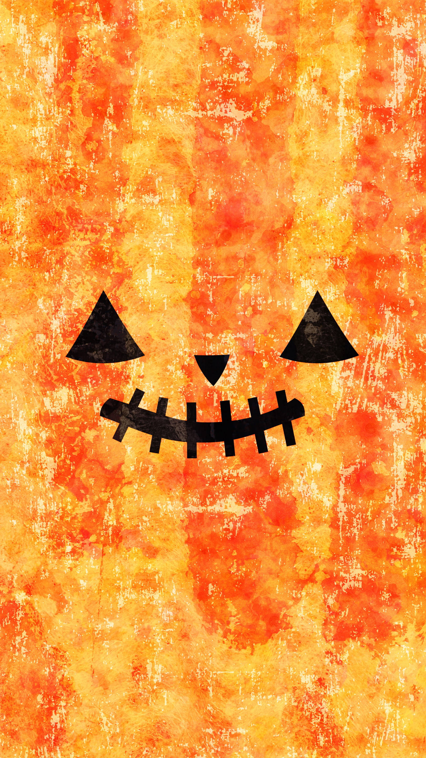 Pumpkin 桌布 壁紙 — 一個風格化的傑克南瓜燈臉孔，帶有縫合的嘴巴和三角形眼睛，置於有紋理的橙色和黃色水彩背景上。