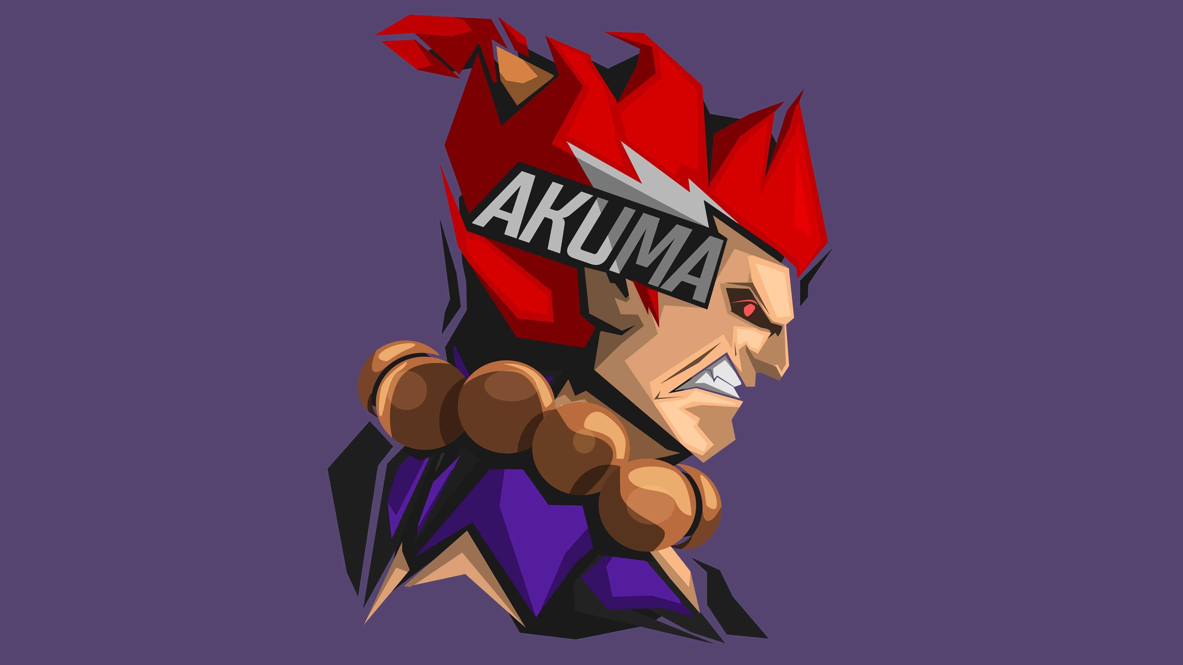 akuma 桌布 壁紙 — 一個風格化的像素藝術肖像，描繪了豪鬼，紅髮紫道服，背景為純紫色。