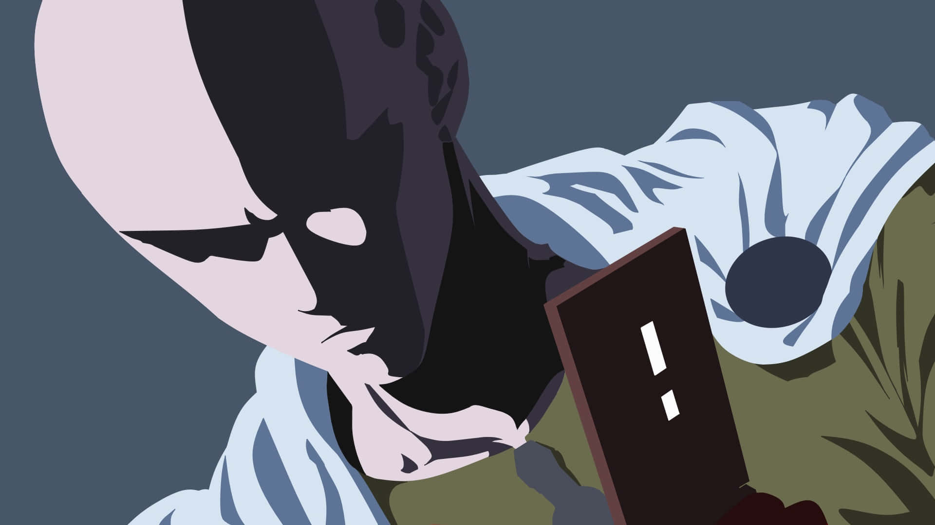 One Punch Man Minimalist 桌布 壁紙 — 一個風格化的光頭人物穿著白色長袍，俯身於一個深色平板電腦上，顯示一個驚嘆號，背景為柔和的灰色。