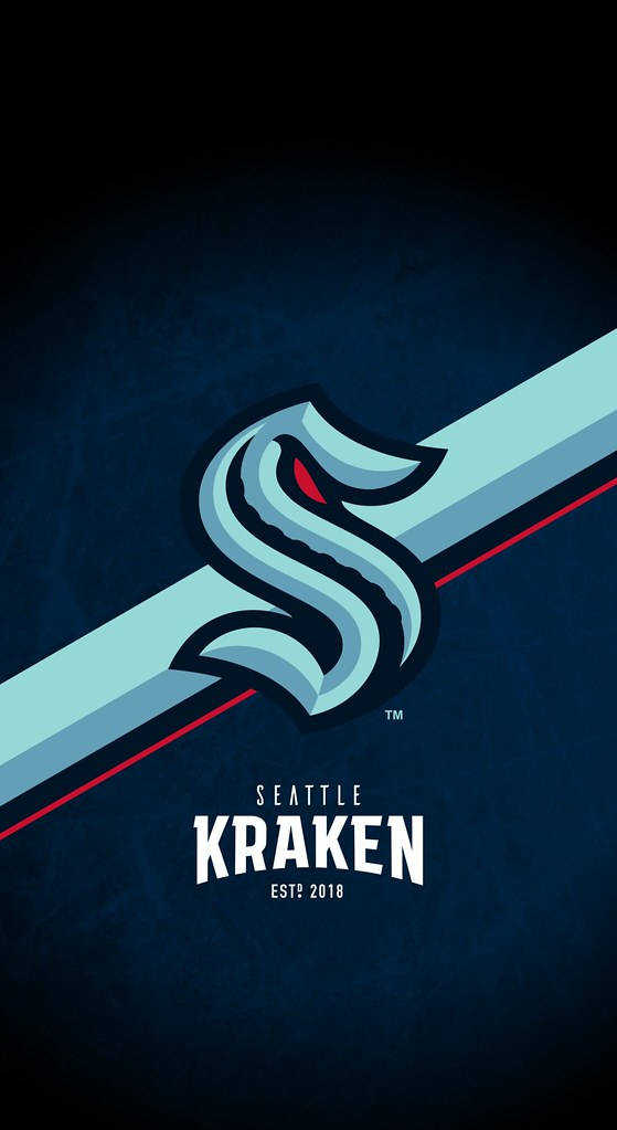 Kraken 桌布 壁紙 — 一個風格化的克拉肯標誌，帶有紅色發光的眼睛，背景是深藍色紋理背景，帶有淺藍色對角線條紋。