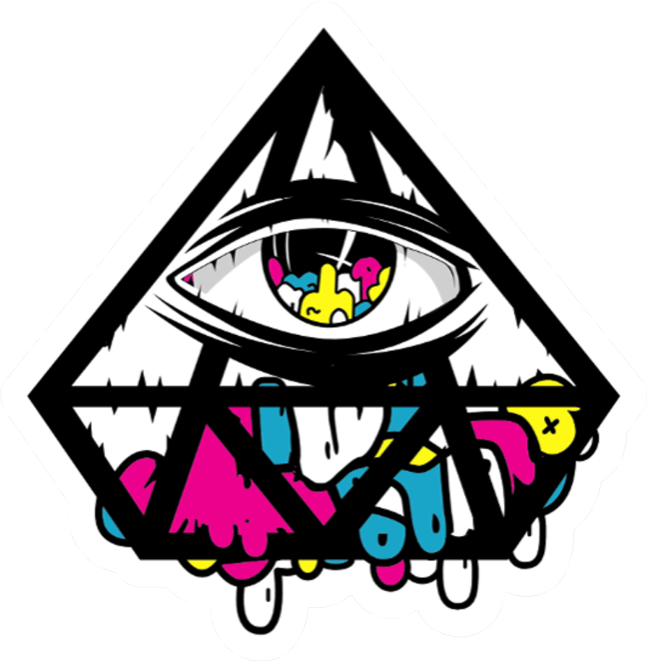 illuminati 桌布 壁紙 — 一個風格化的全視之眼在三角形內，帶有滴落的霓虹色彩和虹膜中的中指手勢。