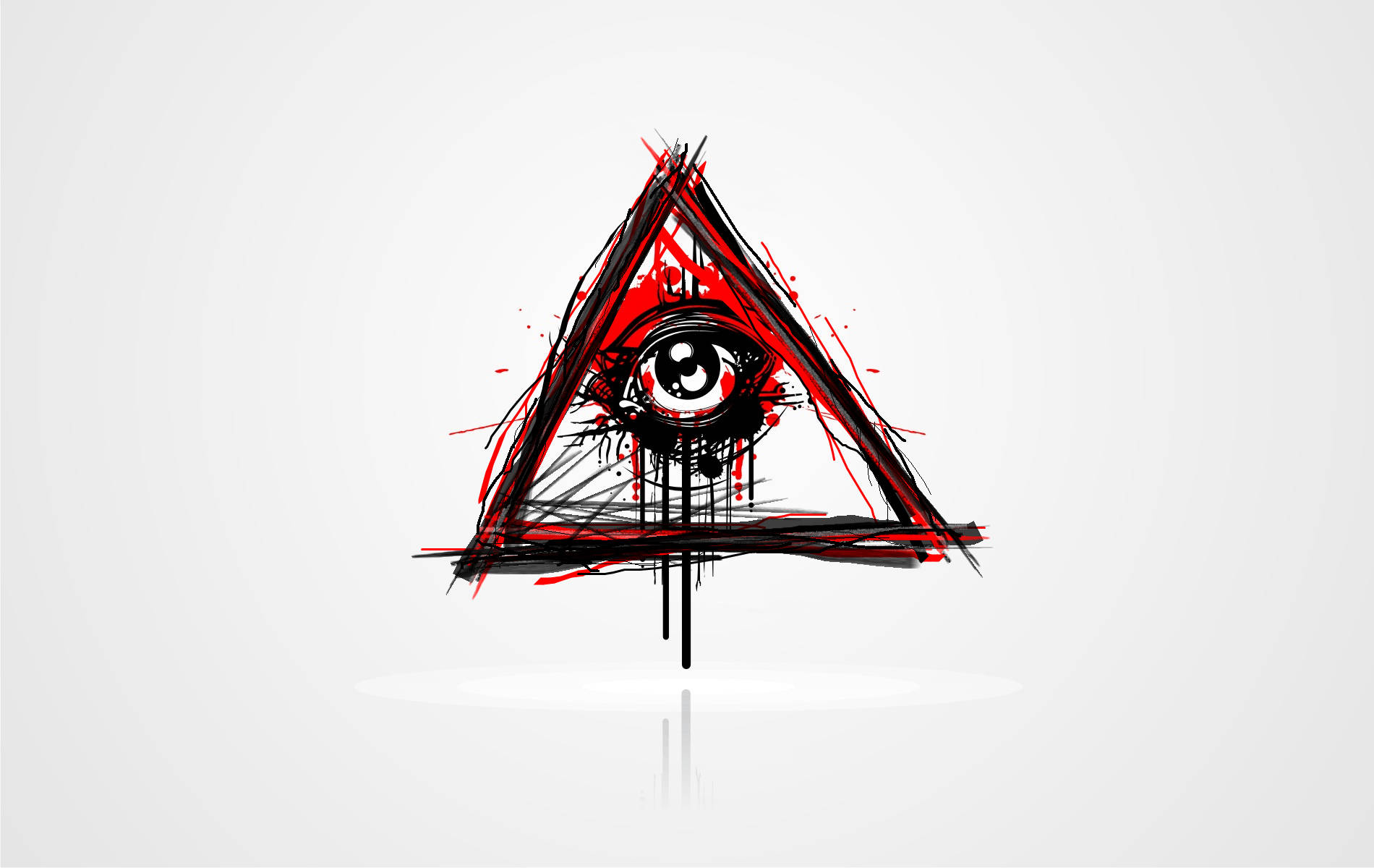 illuminati 桌布 壁紙 — 一個風格化的全視之眼在混亂的三角形內，以大膽的黑色和紅色筆觸呈現在純白色背景上。