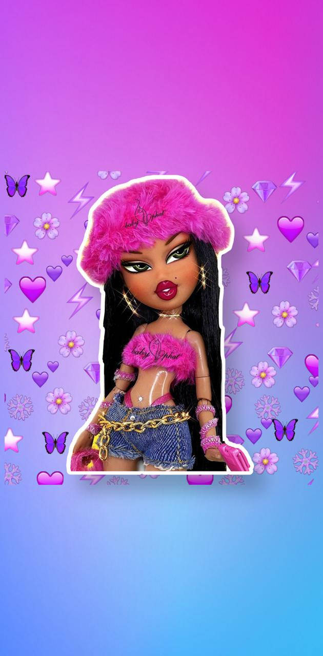Bratz 桌布 壁紙 — 一個風格化的公仔，戴著粉紅色毛帽和牛仔短褲，站在一個裝飾有心形、花朵和蝴蝶的漸變紫藍色背景前。