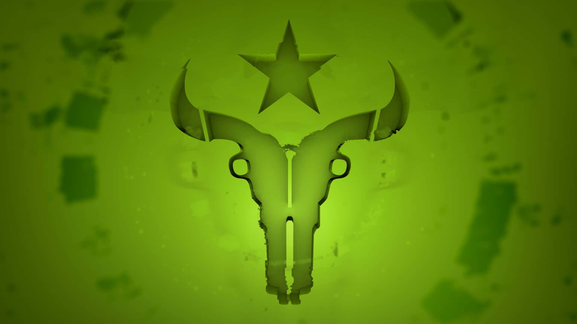 Overwatch League 桌布 壁紙 — 一個風格化的公牛頭骨，帶有角和頂部的星星，以單色綠色呈現在紋理背景上。