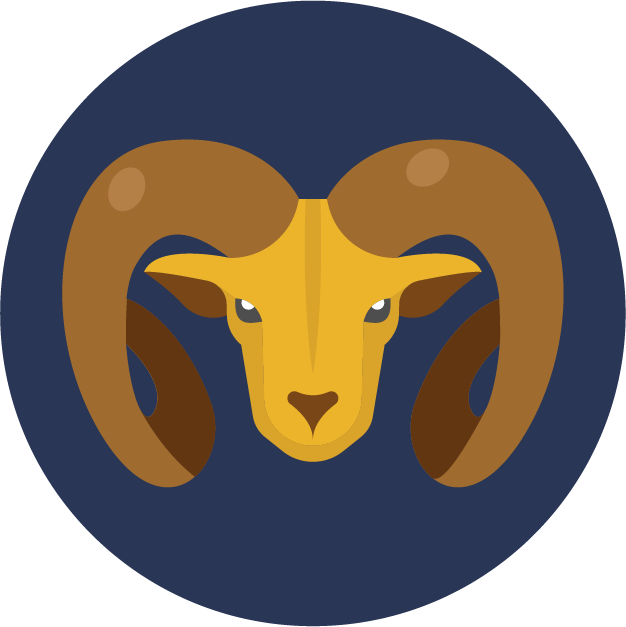 aries 桌布 壁紙 — 一個風格化的公羊頭，帶有大型彎曲角，位於深藍色圓圈的中心。