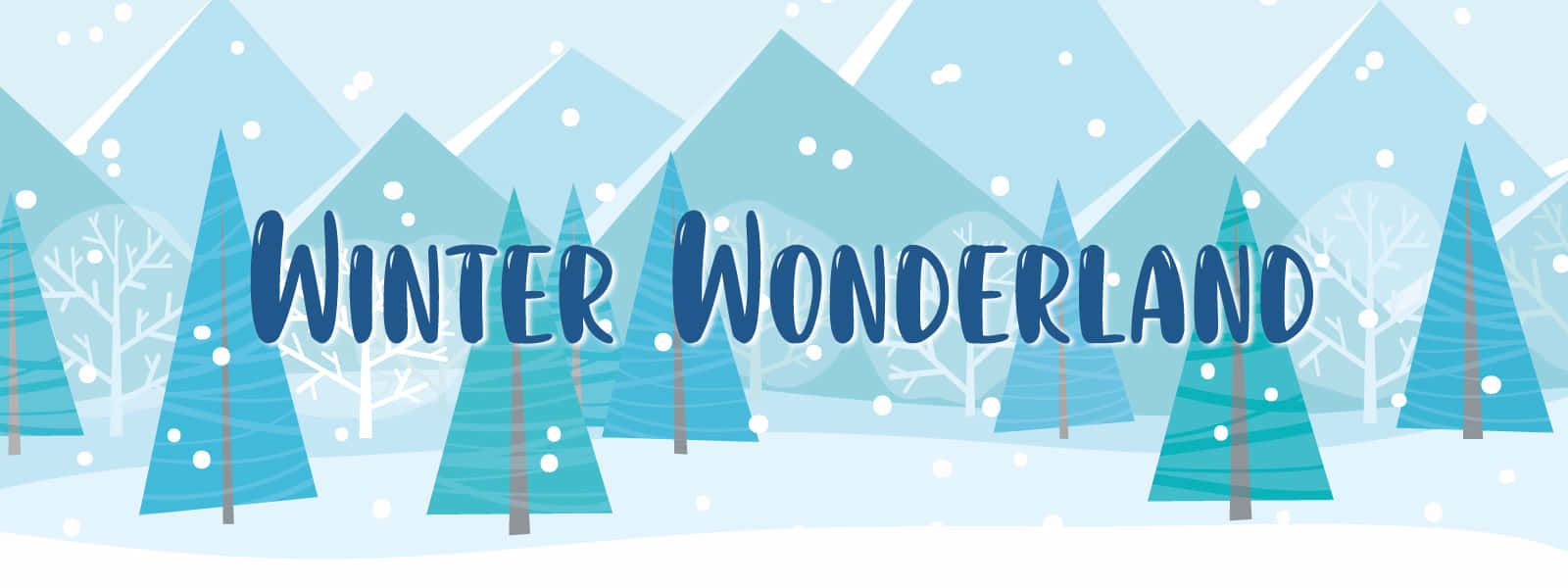 Winter 桌布 壁紙 — 一個風格化的冬季仙境場景，以藍綠色的松樹和雪花為特色，背景是淺藍色的山脈。