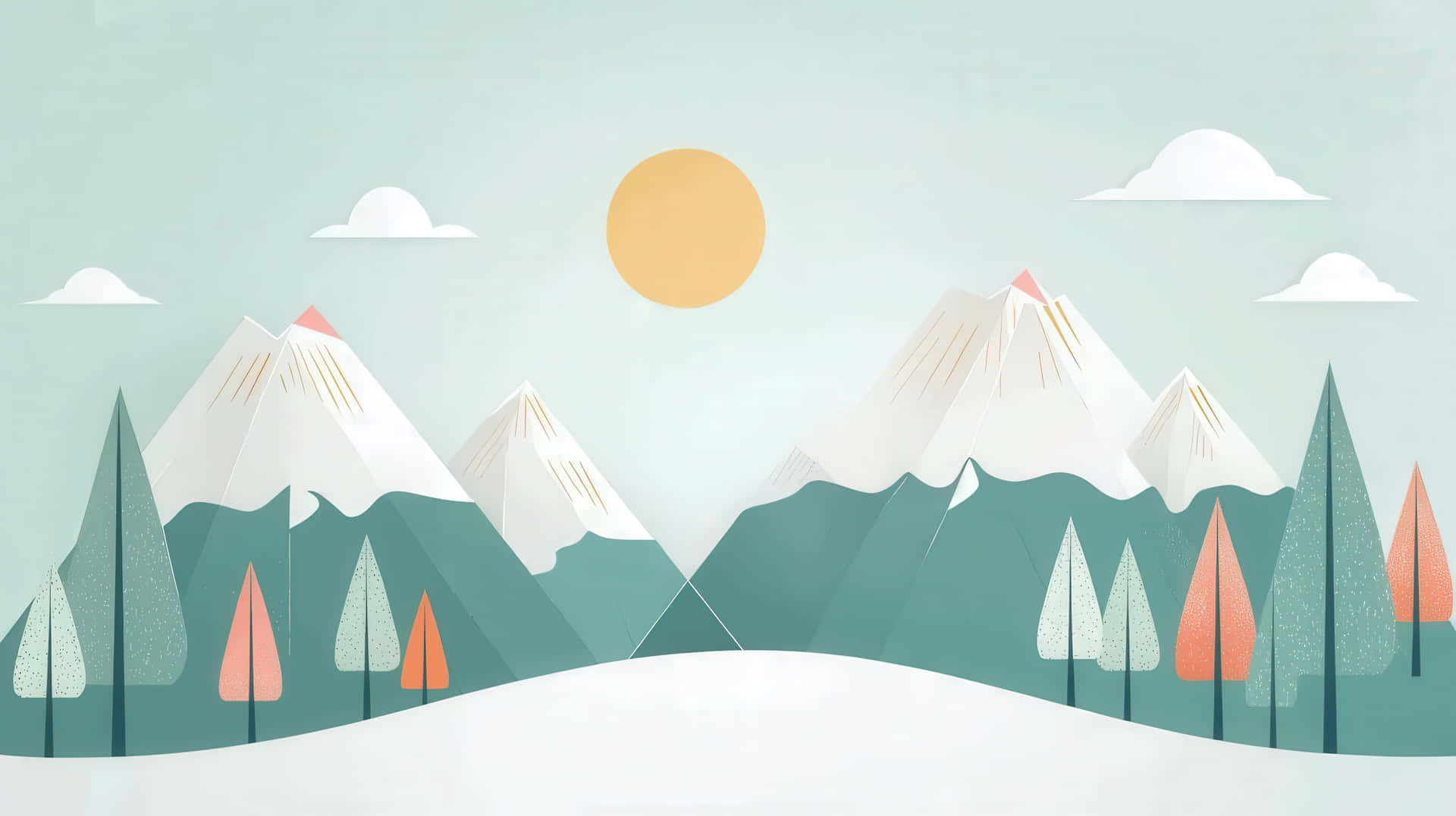 Abstract Paper Cutout Mountain Landscape with Trees, Sun, and Clouds in Soft Colors 壁紙 — 一個風格化的冬季景觀，有積雪的山峰、常綠樹木和溫暖的太陽，背景是淡藍色的天空。