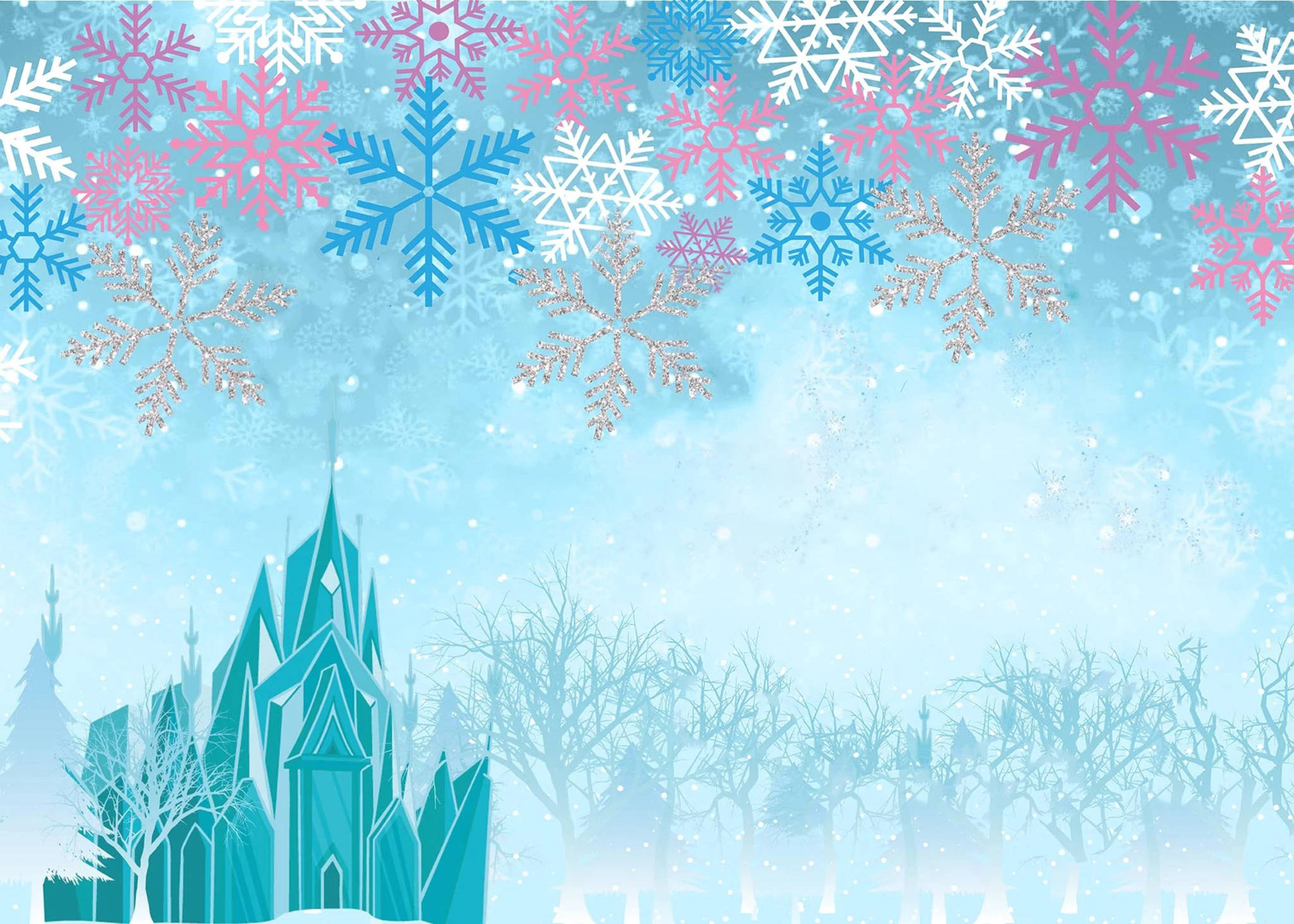 Frozen Castle 桌布 壁紙 — 一個風格化的冰城堡，光禿禿的樹木，天空充滿粉紅色、藍色和銀色的雪花。