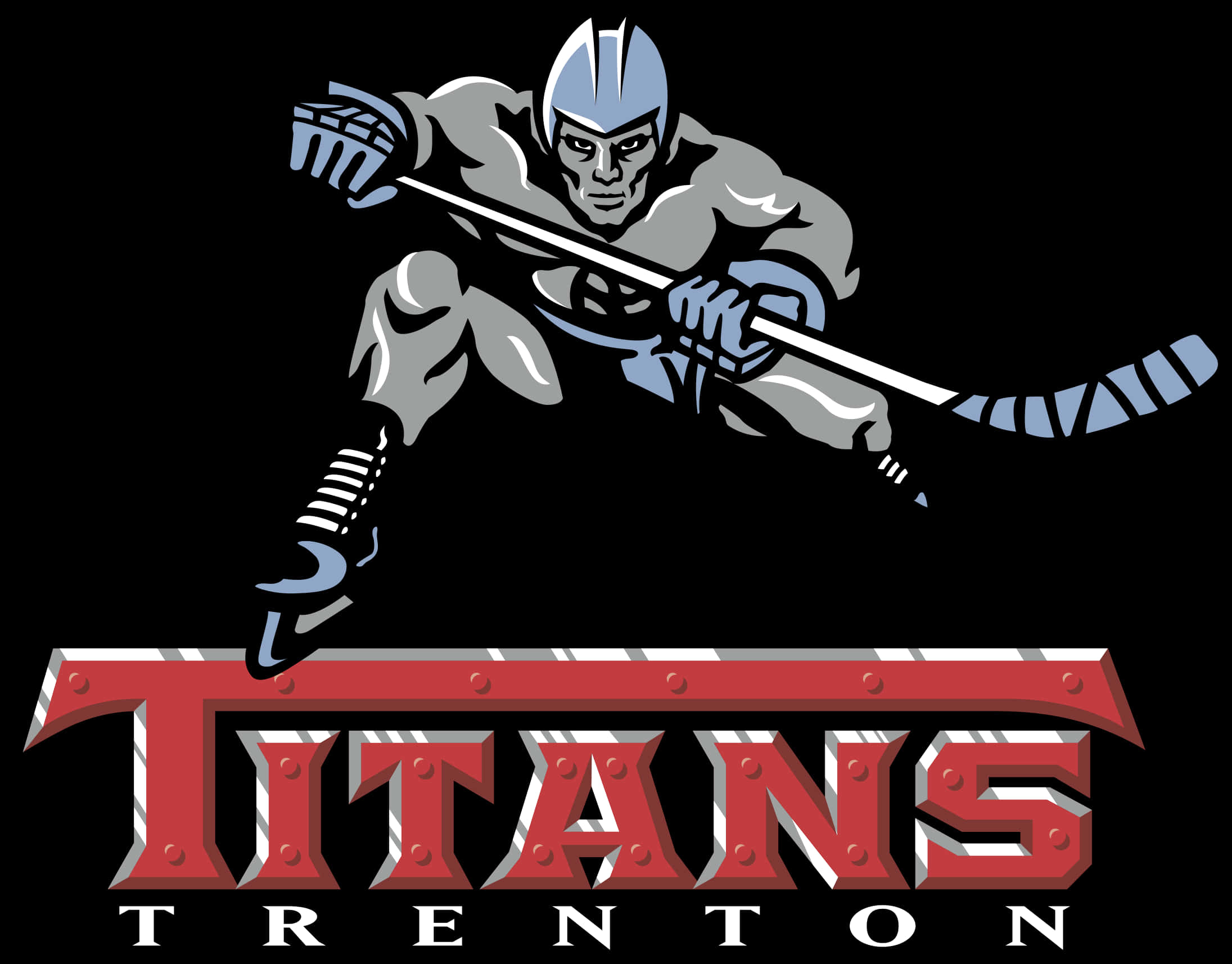 Titans Logo 桌布 壁紙 — 一個風格化的冰球運動員，身穿銀色盔甲和頭盔，在粗體紅色 Titans Trenton 字樣上方握著球桿。