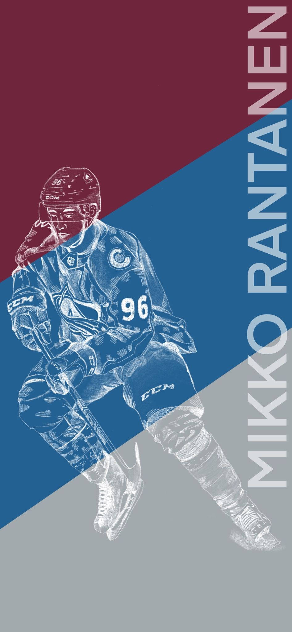hockey 桌布 壁紙 — 一個風格化的冰球運動員穿著藍白裝備，在搶眼的酒紅色、藍色和灰色幾何背景前動態蹲下。