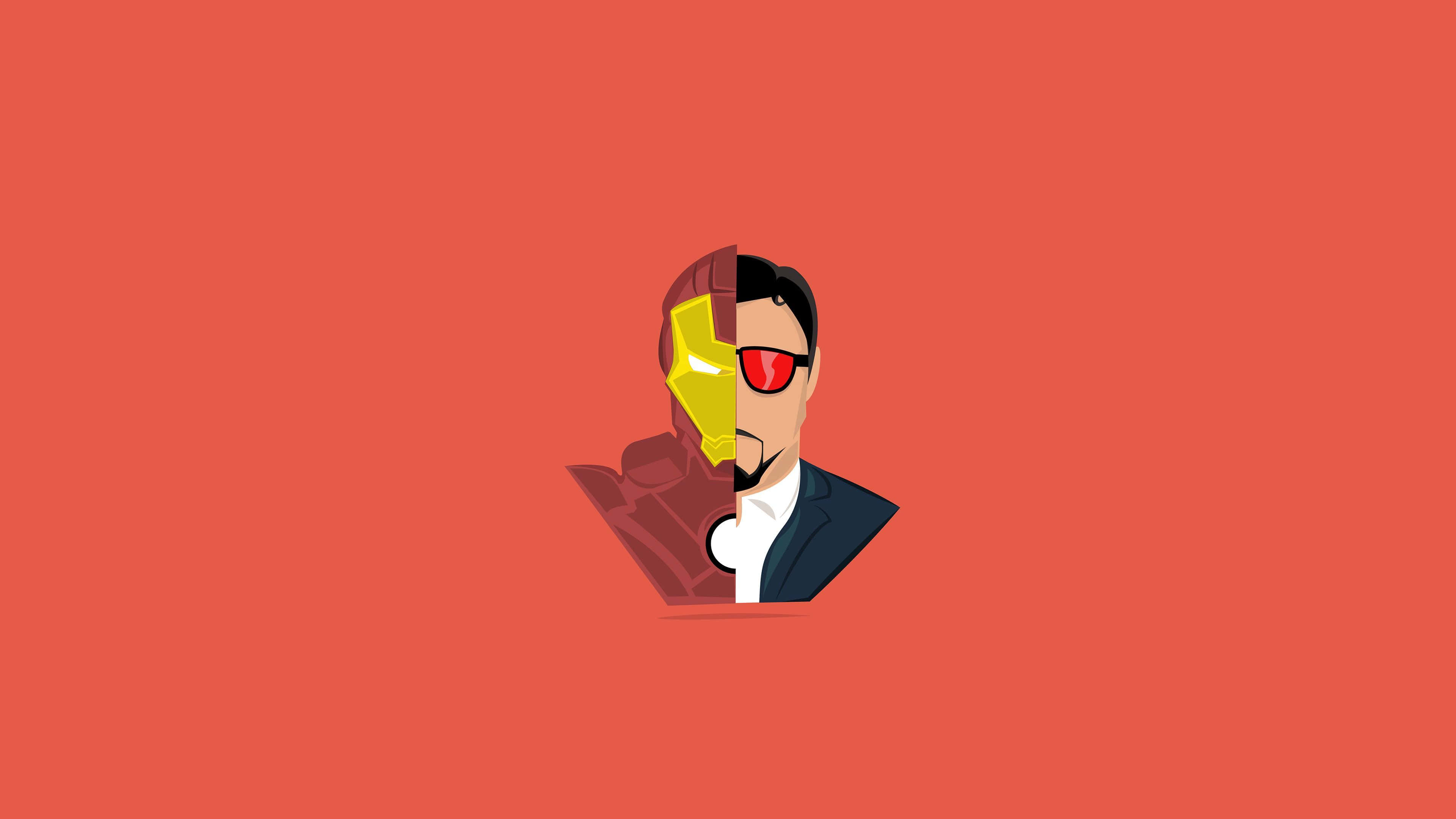 Iron Man Art 桌布 壁紙 — 一個風格化的分裂面孔插圖，描繪一個半人半鋼鐵人頭盔的男人，背景為純珊瑚色。