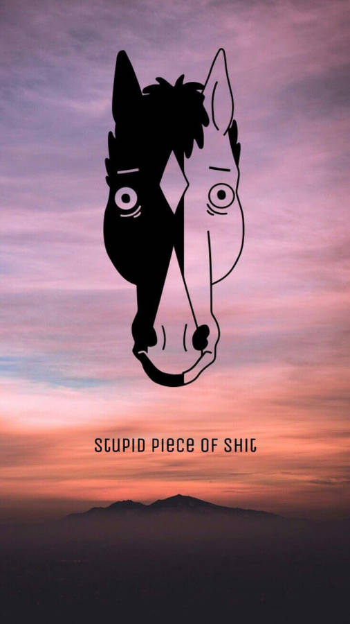 bojack 桌布 壁紙 — 一個風格化的分裂馬頭剪影漂浮在遠山之上充滿活力的粉紅色和紫色日落天空。