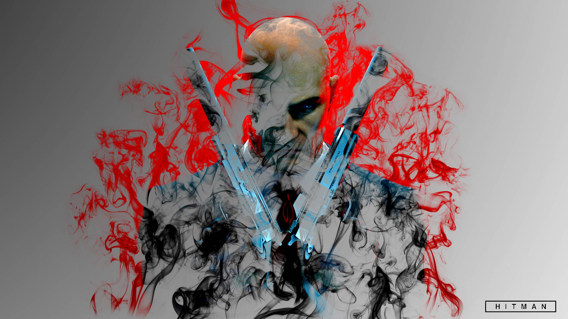 hitman absolution HD 桌布 壁紙 — 一個風格化的刺客身影從灰色背景上旋轉的紅色、黑色和藍色煙霧中浮現。