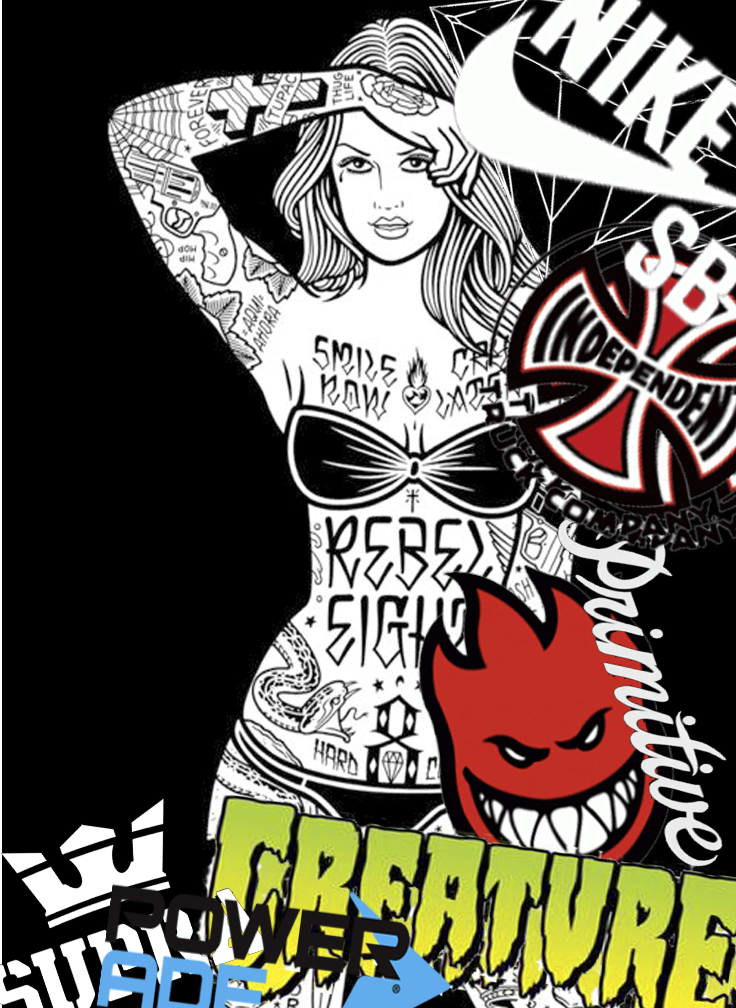 Spitfire Skate 桌布 壁紙 — 一個風格化的刺青女性，帶有魔鬼標誌和滑板品牌標誌，採用大膽的圖形設計。
