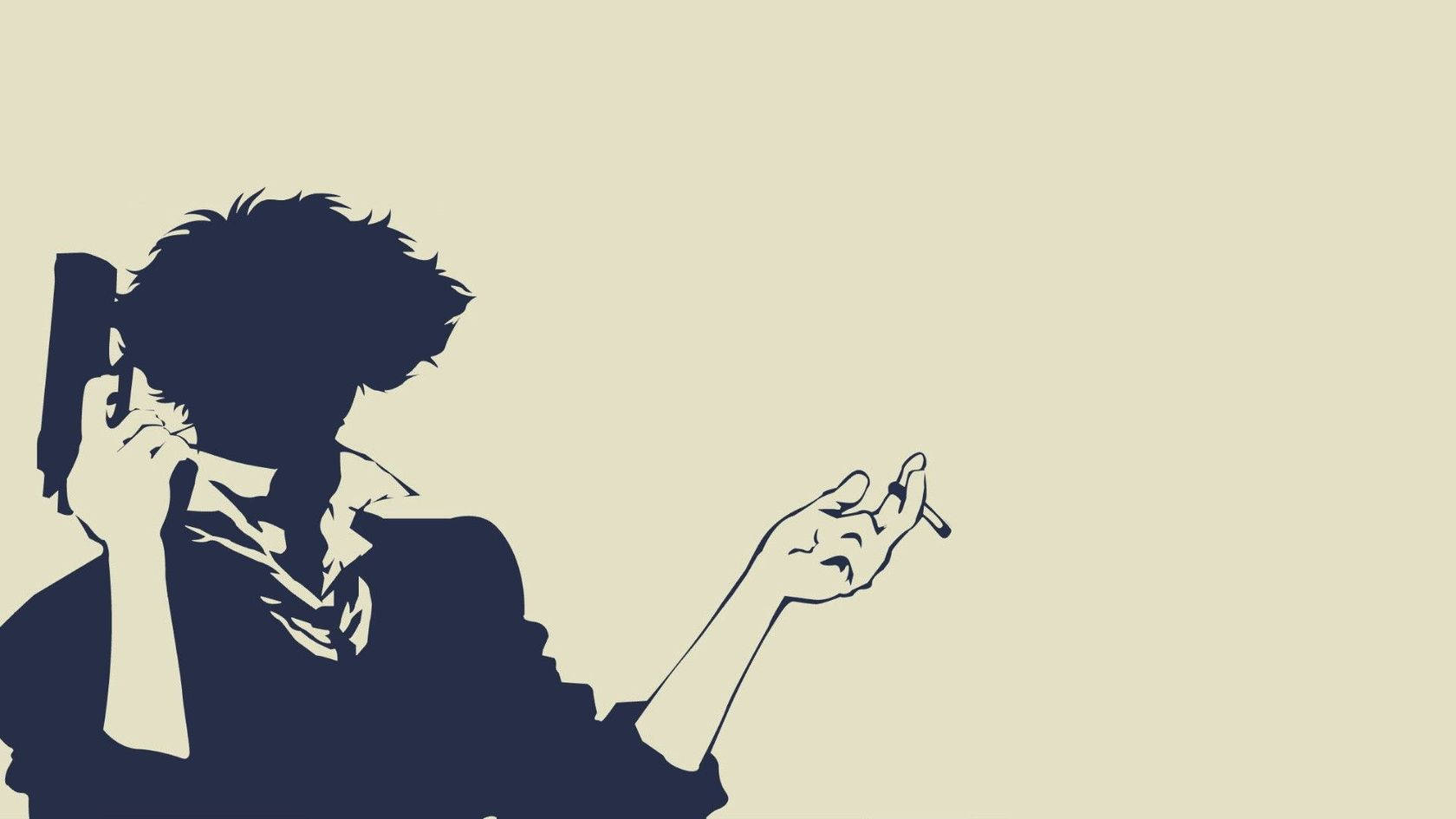 Cowboy Bebop 桌布 壁紙 — 一個風格化的剪影，一個人將電話貼在耳邊，另一隻手拿著香煙，背景是米色。