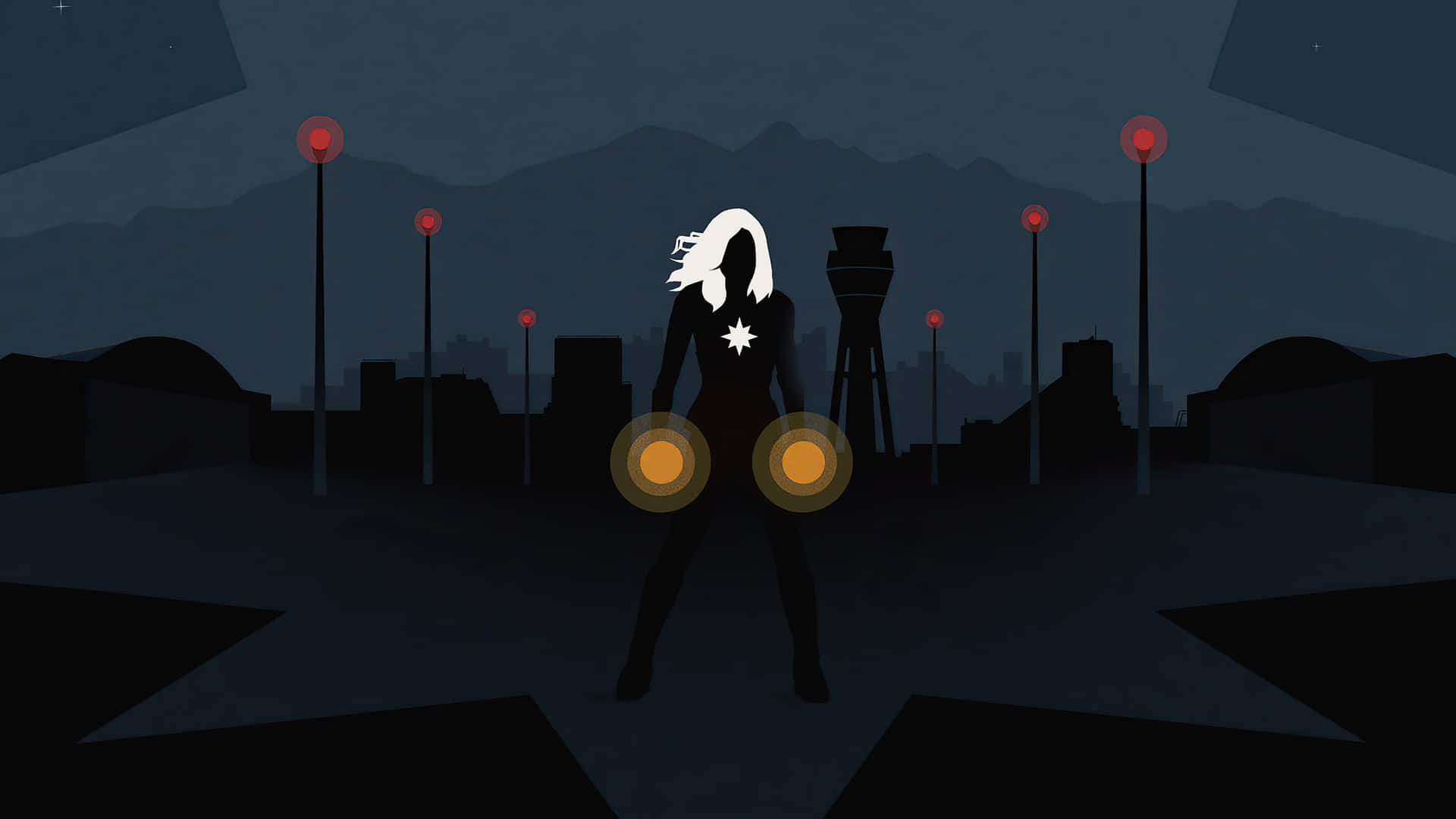 Captain Marvel HD 桌布 壁紙 — 一個風格化的剪影，一個白髮人物手持發光球體，站在星形平台上，背景是黑暗的夜空、遠山和紅色發光的柱子。