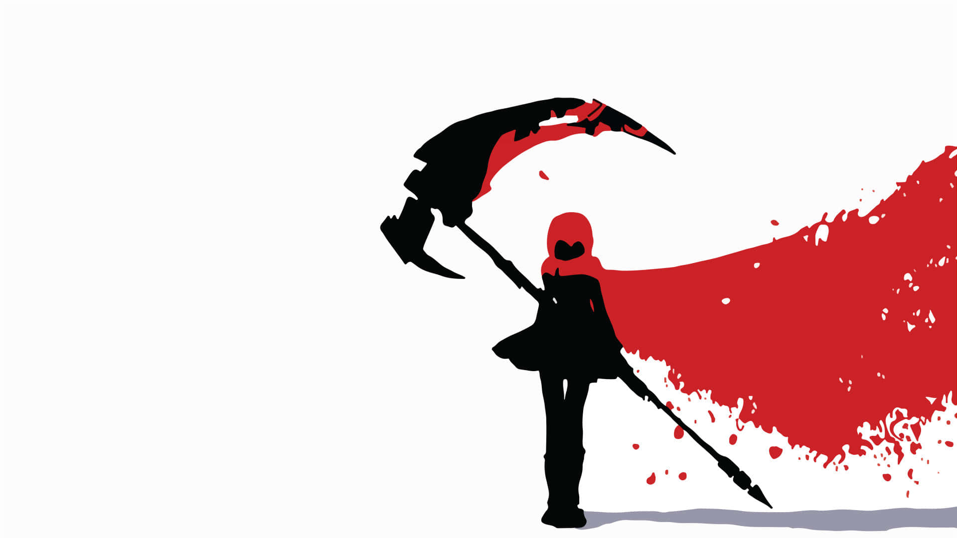 Rwby 桌布 壁紙 — 一個風格化的剪影，人物手持鐮刀，披著飄逸的紅色斗篷，背景是純白色，帶有紅色飛濺。