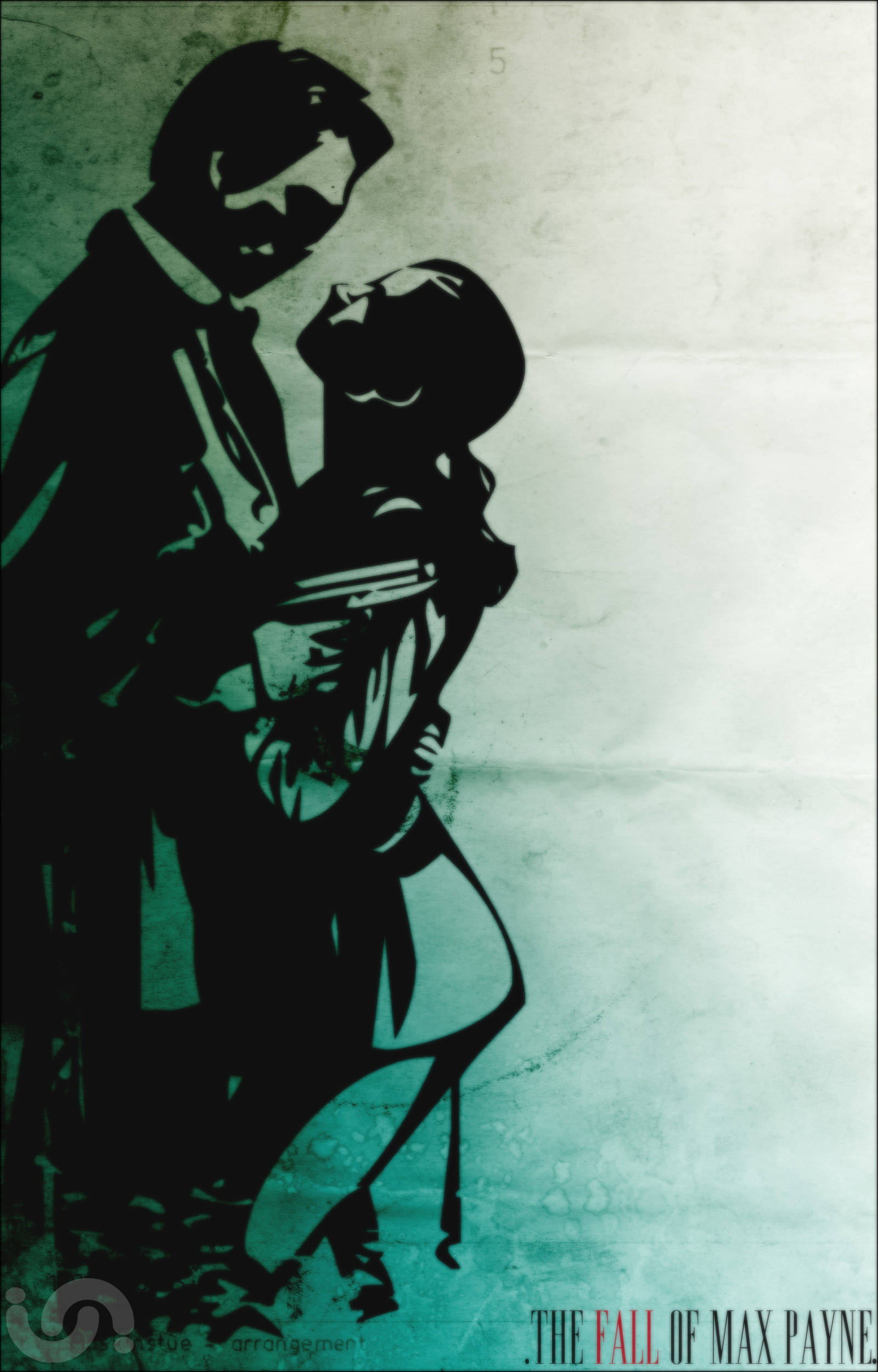 Max Payne 桌布 壁紙 — 一個風格化的剪影，描繪一男一女在帶有紋理的青綠色和白色背景上擁抱。