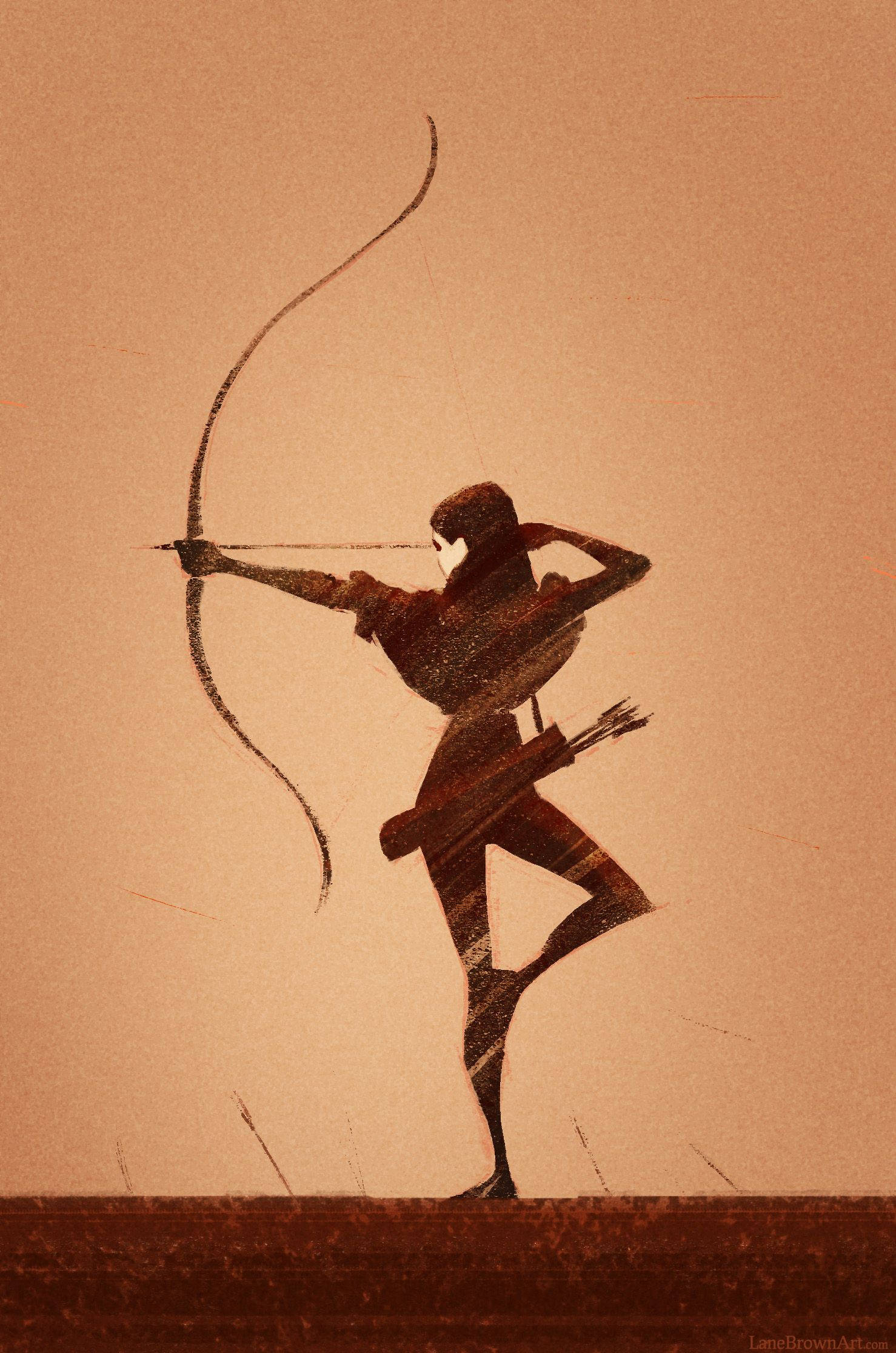 Archery 桌布 壁紙 — 一個風格化的剪影弓箭手在溫暖的棕褐色天空下拉弓，帶有紋理筆觸。