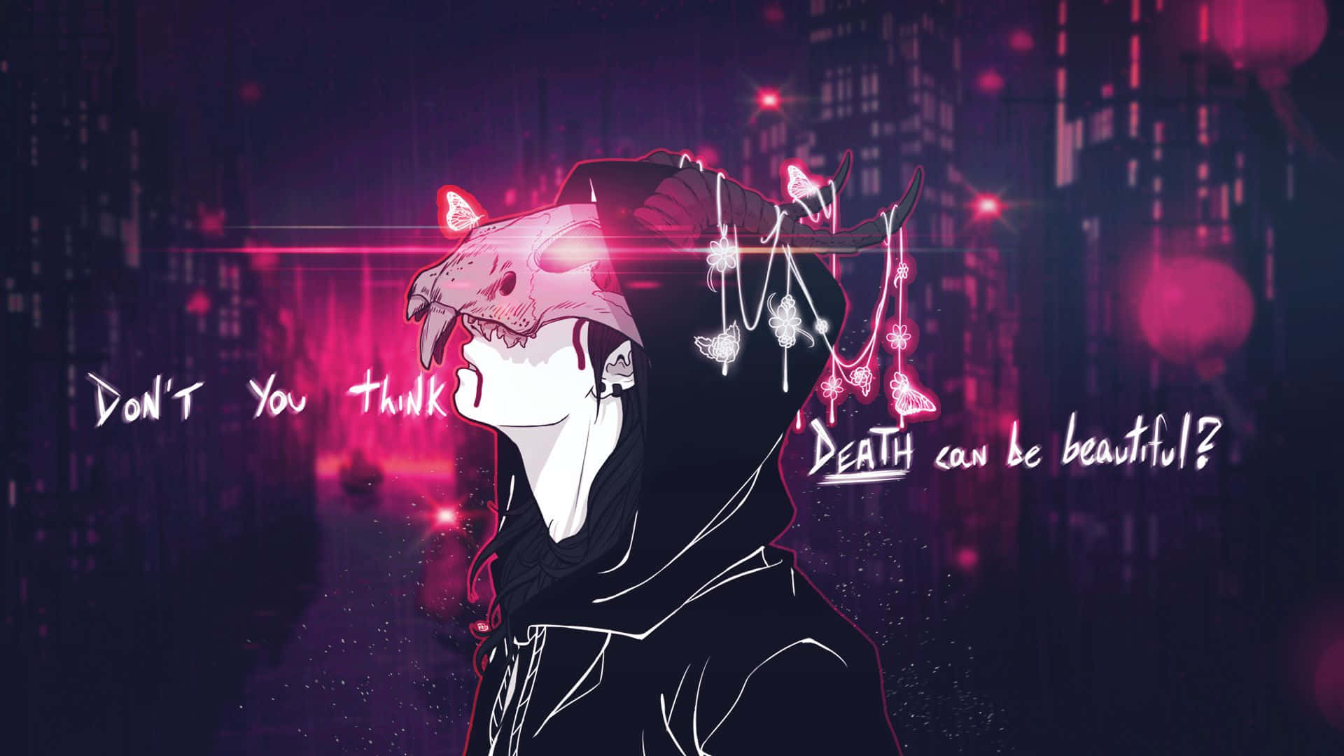 depressed anime 桌布 壁紙 — 一個風格化的動漫人物，戴著骷髏面具，周圍環繞著發光的粉紅色蝴蝶，在夜晚霓虹燈閃爍的城市景觀中漂浮。