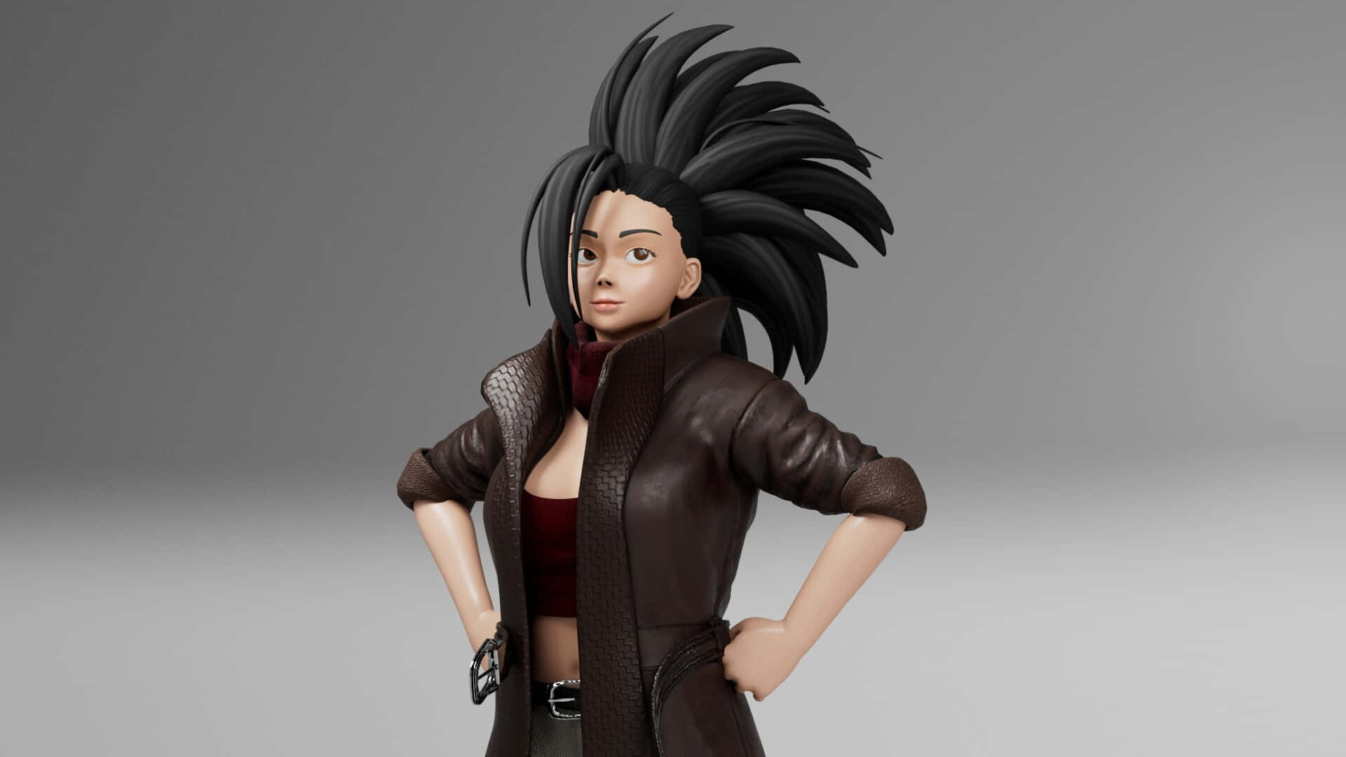 Momo Yaoyorozu 桌布 壁紙 — 一個風格化的動漫人物，擁有尖刺黑髮和自信姿態，穿著棕色皮夾克，背景是純灰色。