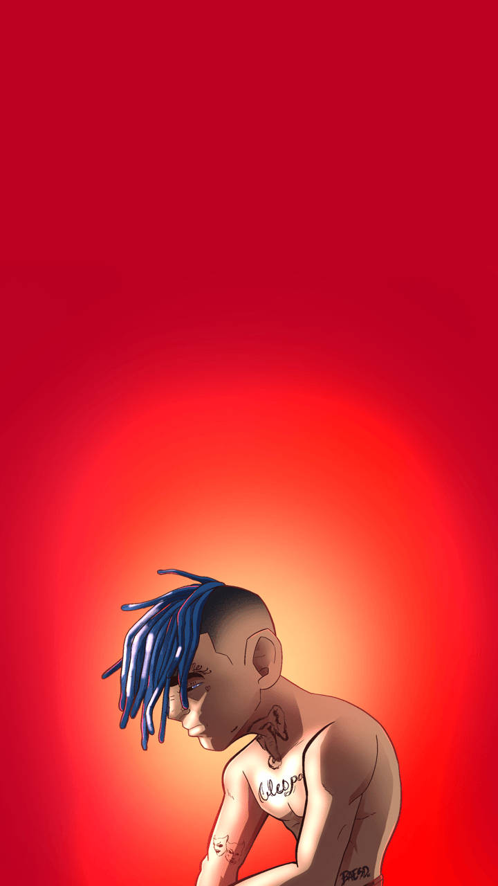 xxxtentacion 動畫 桌布 壁紙 — 一個風格化的動漫人物，擁有藍色辮子和紋身，在發光的紅色漸變背景前低頭。
