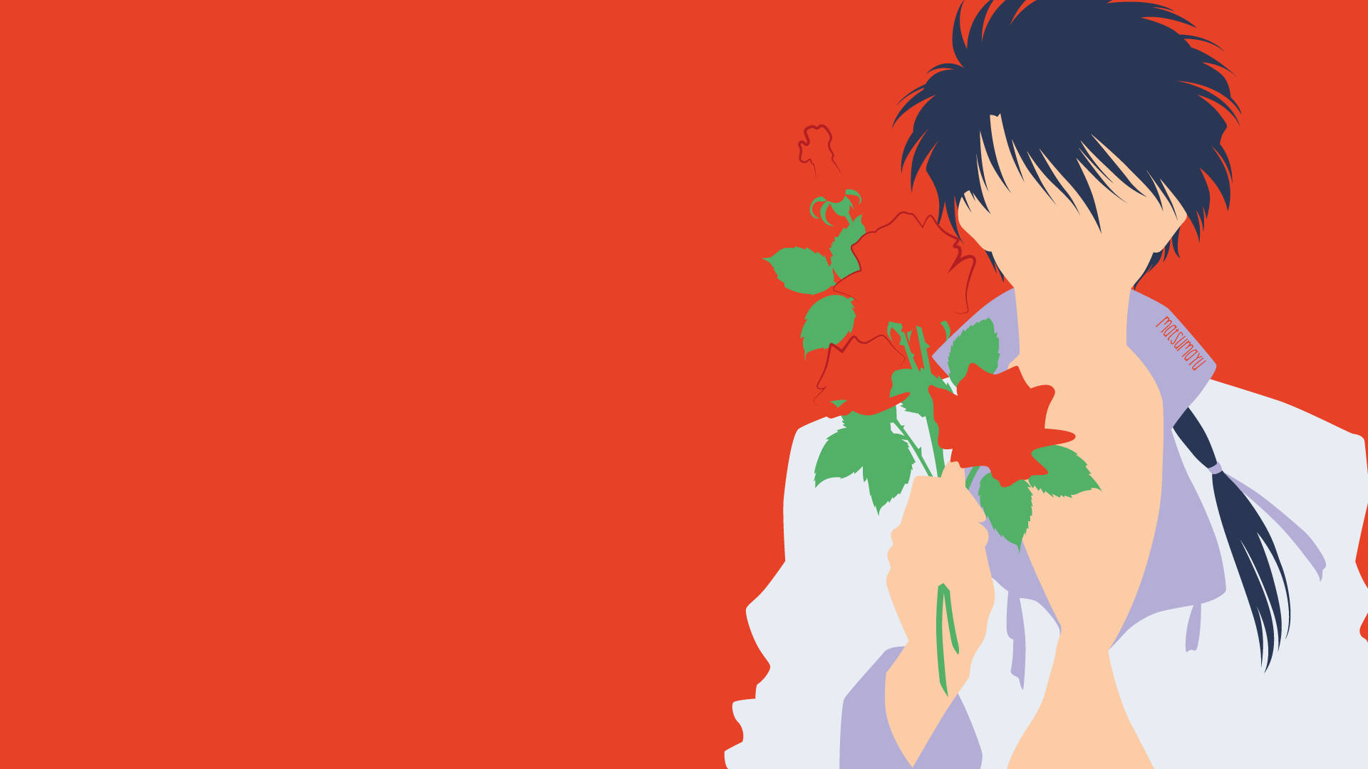Fushigi Yuugi 桌布 壁紙 — 一個風格化的動漫人物，深色頭髮，在鮮豔的橙色背景上手持紅玫瑰。