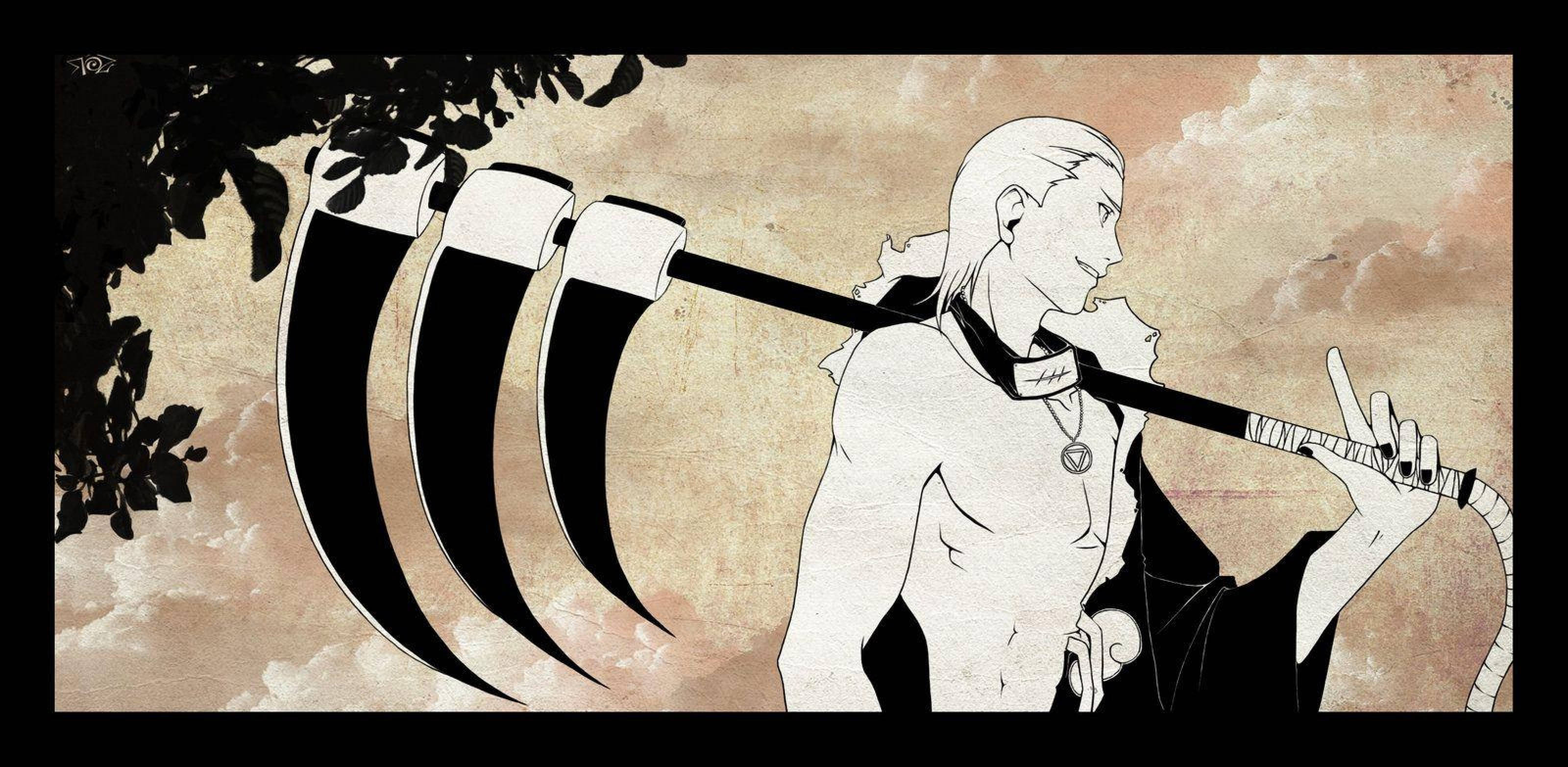 hidan akatsuki 桌布 壁紙 — 一個風格化的動漫人物，蒼白的皮膚和長髮，在帶有深色樹葉的紋理米色天空下握著一把大鐮刀。