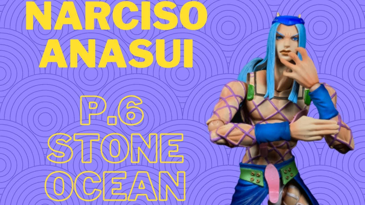 Narciso Anasui 桌布 壁紙 — 一個風格化的動漫人物，藍色頭髮和紫色帶子，在旋轉的紫色背景上擺姿勢，並帶有粗體黃色文字。