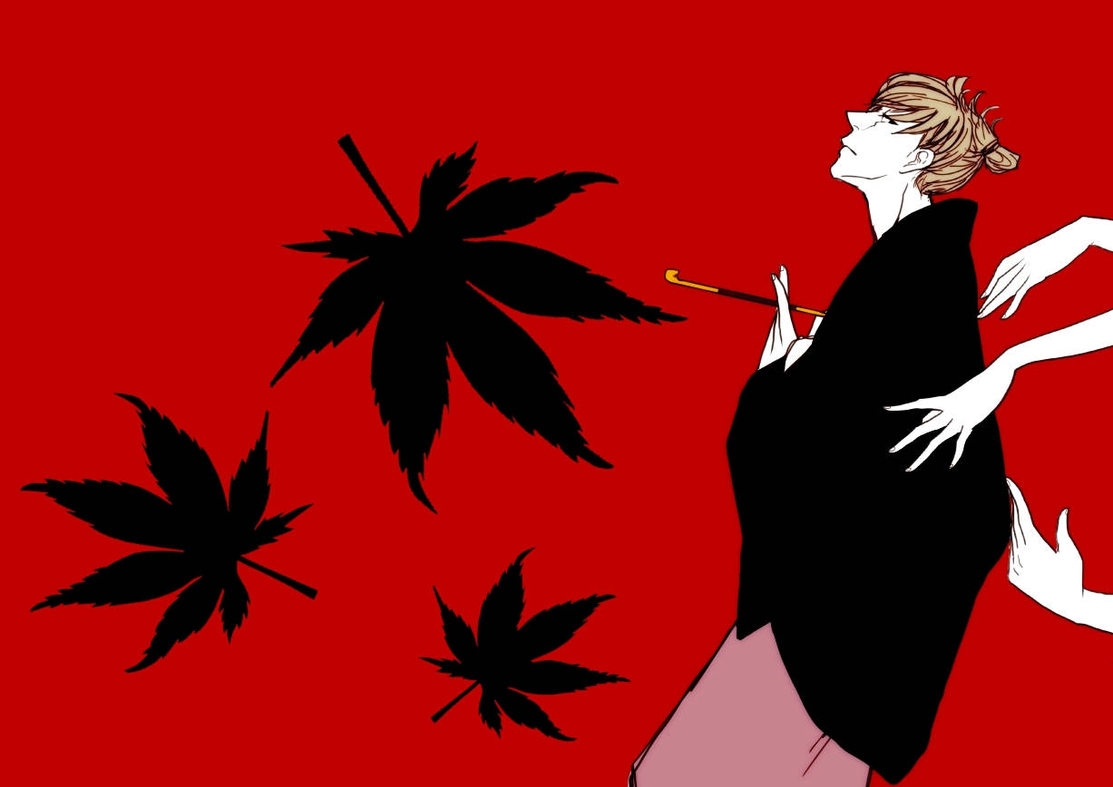 saraiya goyou 桌布 壁紙 — 一個風格化的動漫人物，身穿黑色長袍和粉紅色褲子，站在鮮紅色的背景前，背景中有漂浮的黑色楓葉剪影。
