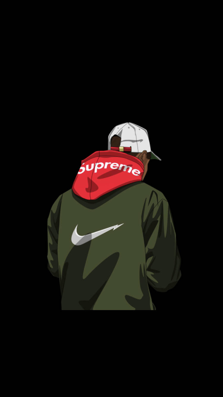 超屌 Supreme 桌布 壁紙 — 一個風格化的動漫人物從背後觀看，穿著綠色Nike外套、紅色Supreme連帽衫和白色帽子，背景為黑色。
