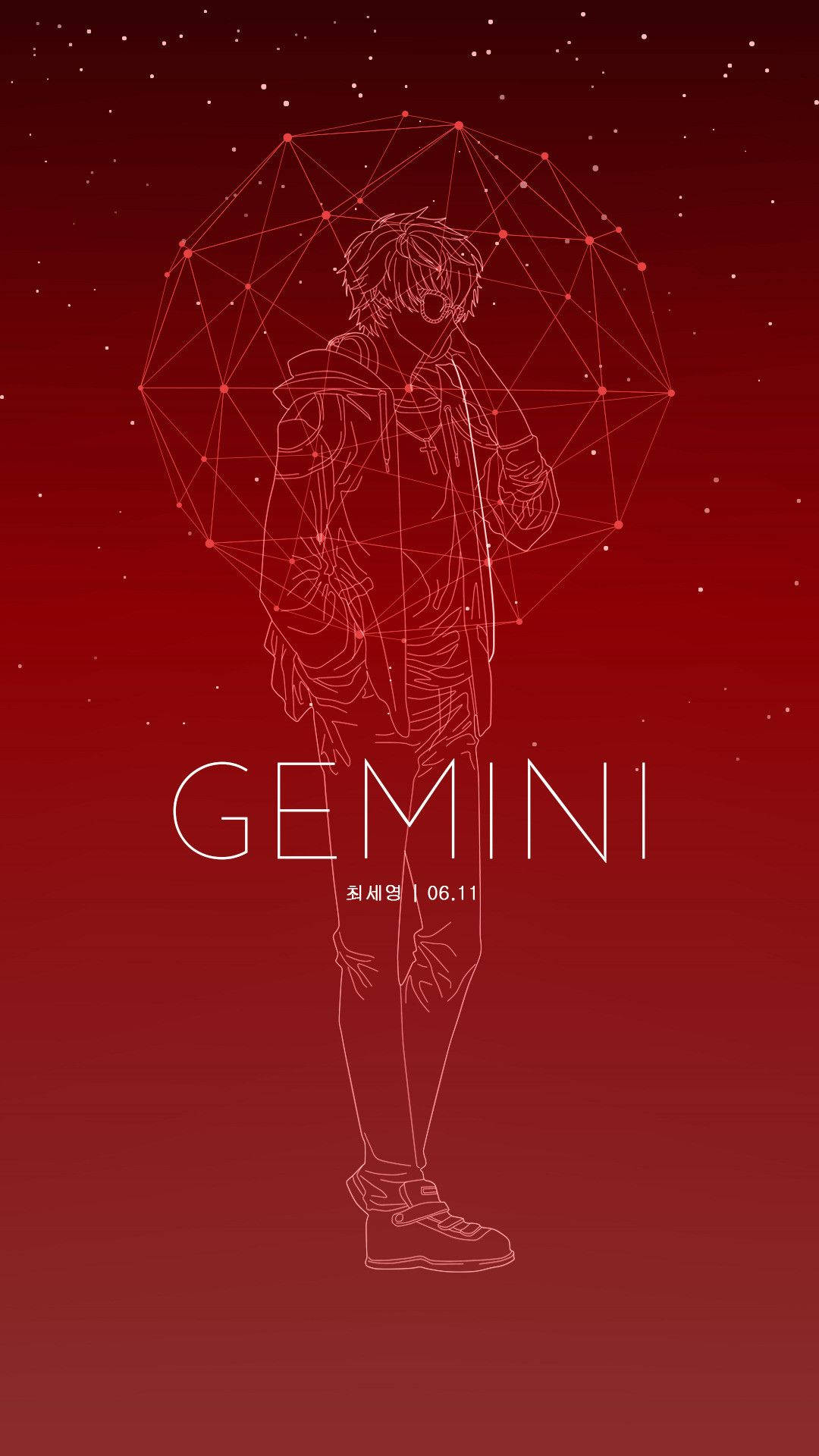 gemini 桌布 壁紙 — 一個風格化的動漫人物站在幾何星形穹頂下，背景是深紅色漸變，帶有 'GEMINI' 文字。