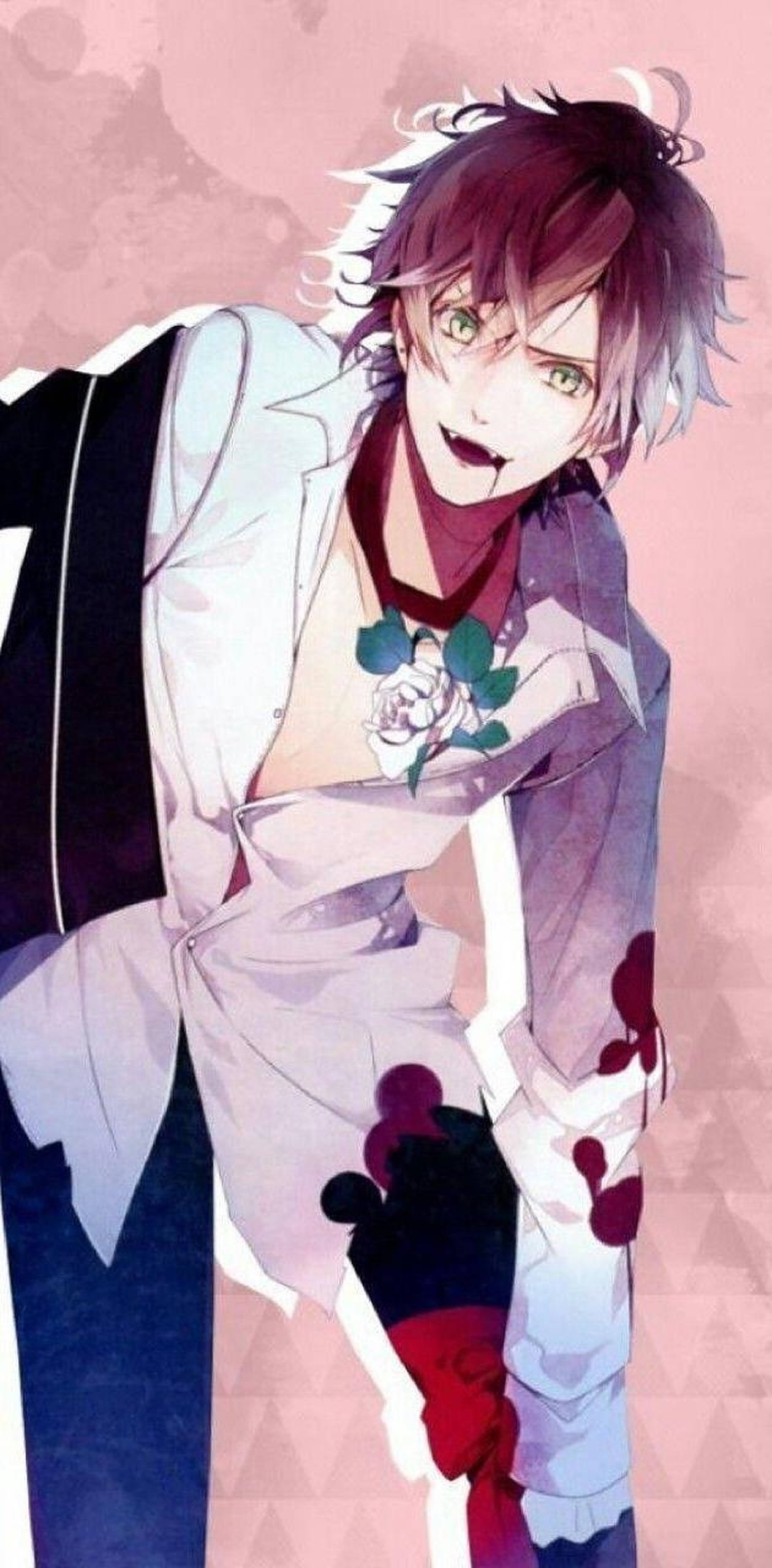 Diabolik Lovers 桌布 壁紙 — 一個風格化的動漫吸血鬼，擁有綠色眼睛和深色頭髮，在柔和的粉紅色幾何背景上拿著一朵白玫瑰。