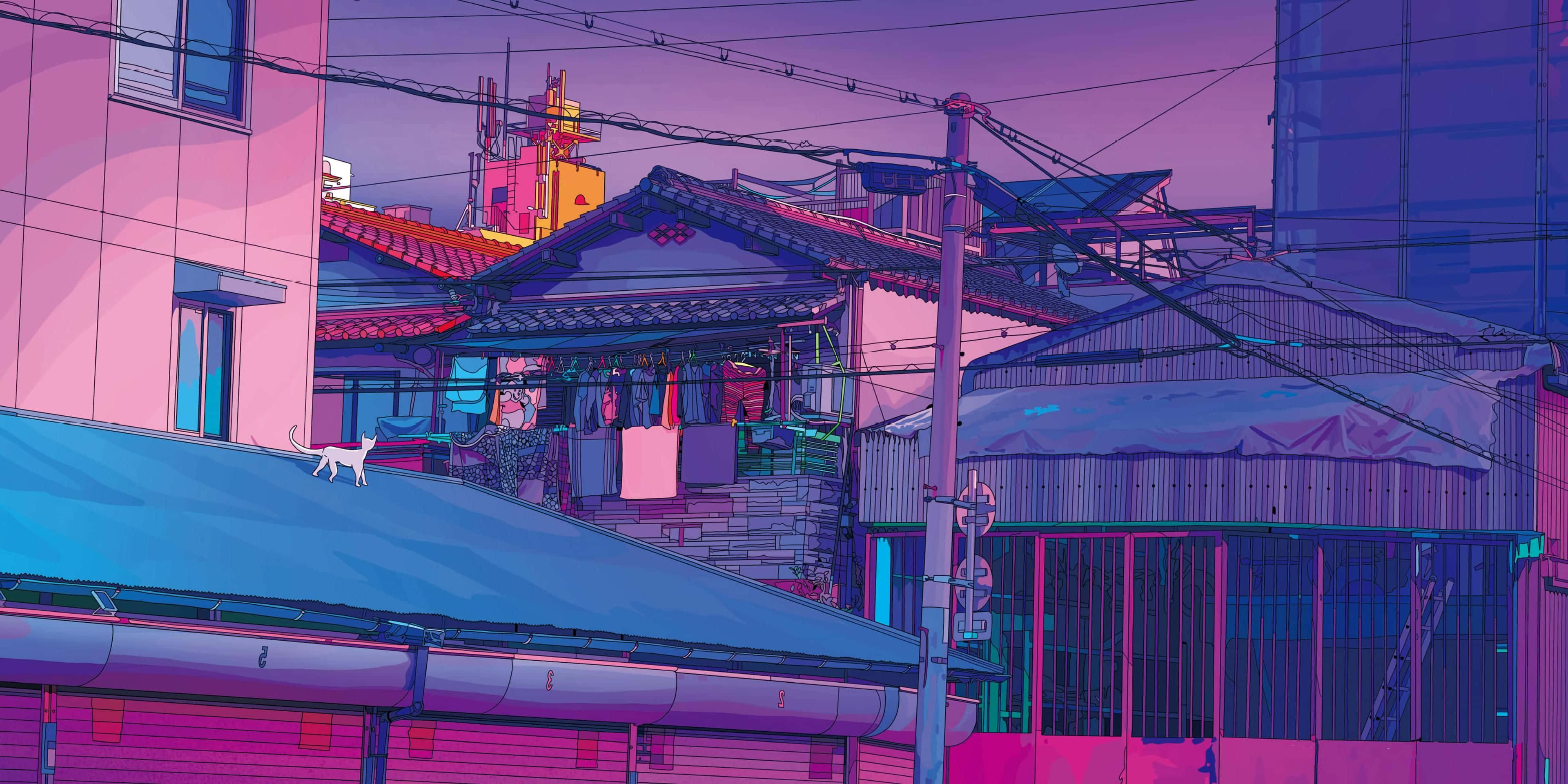 日式審美桌面 桌布 壁紙 — 一個風格化的動漫場景，一隻貓在屋頂上俯瞰黃昏時霓虹燈閃爍的城市小巷。