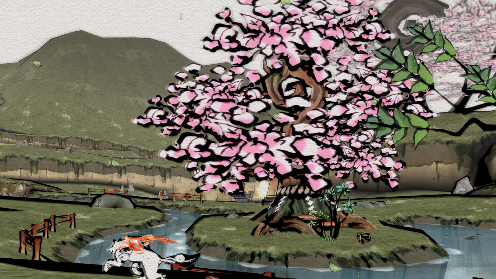 Okami HD 桌布 壁紙 — 一個風格化的動漫場景，描繪一隻帶有橙色毛髮的白狐在盛開的巨大櫻花樹下的河岸附近跳躍。