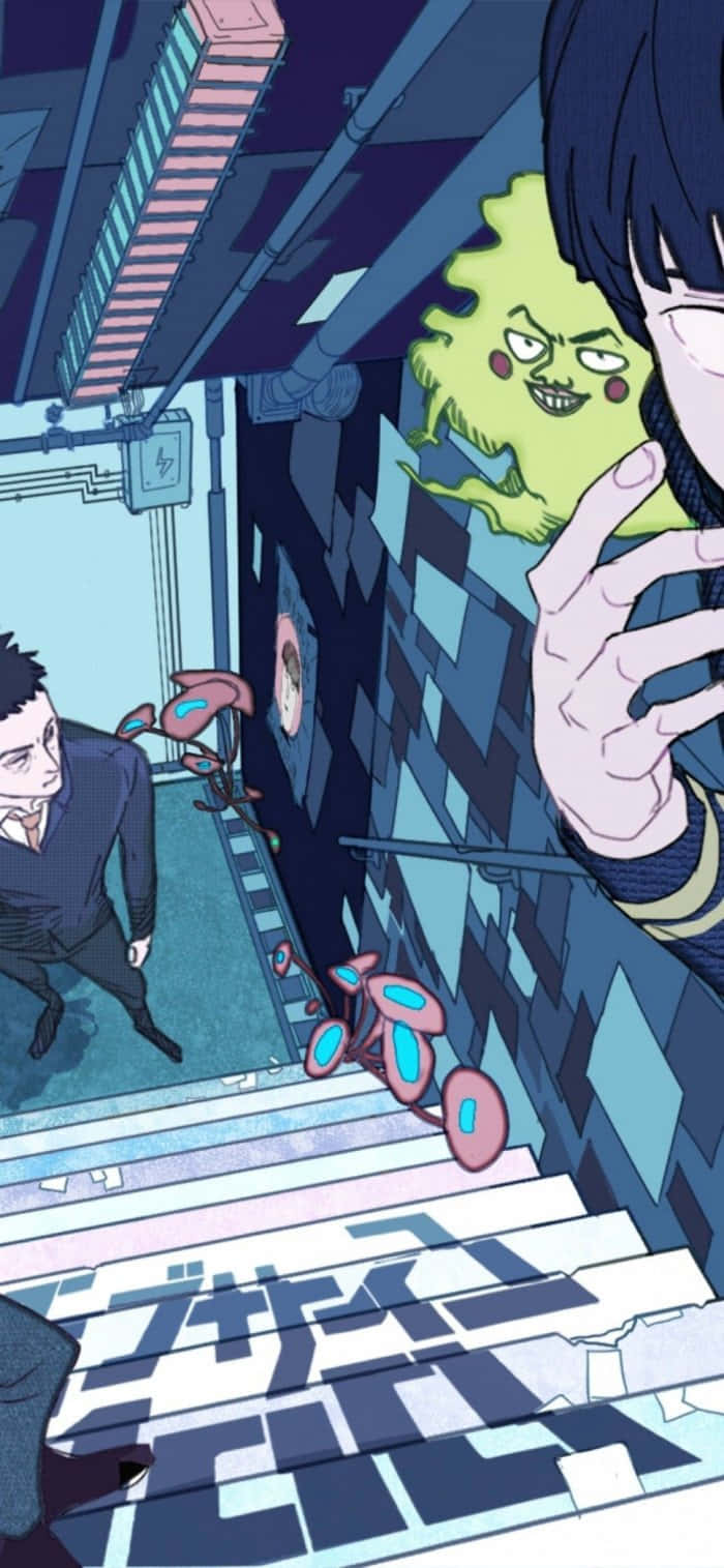Mob Psycho iPhone 桌布 壁紙 — 一個風格化的動漫場景顯示，一個男人在黑暗的小巷中面對一個漂浮的綠色幽靈，而粉紅色的無人機在附近盤旋。